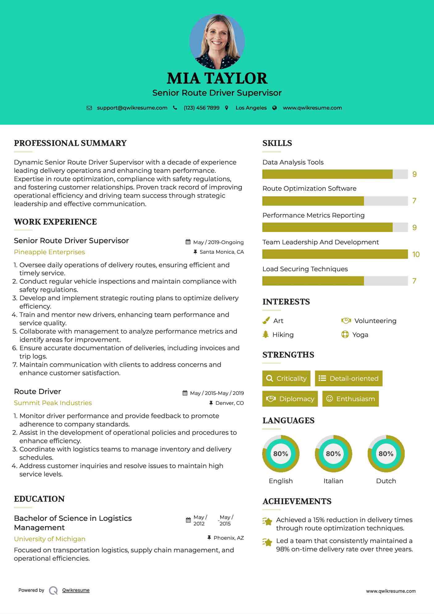 Senior Route Driver Supervisor Resume Model