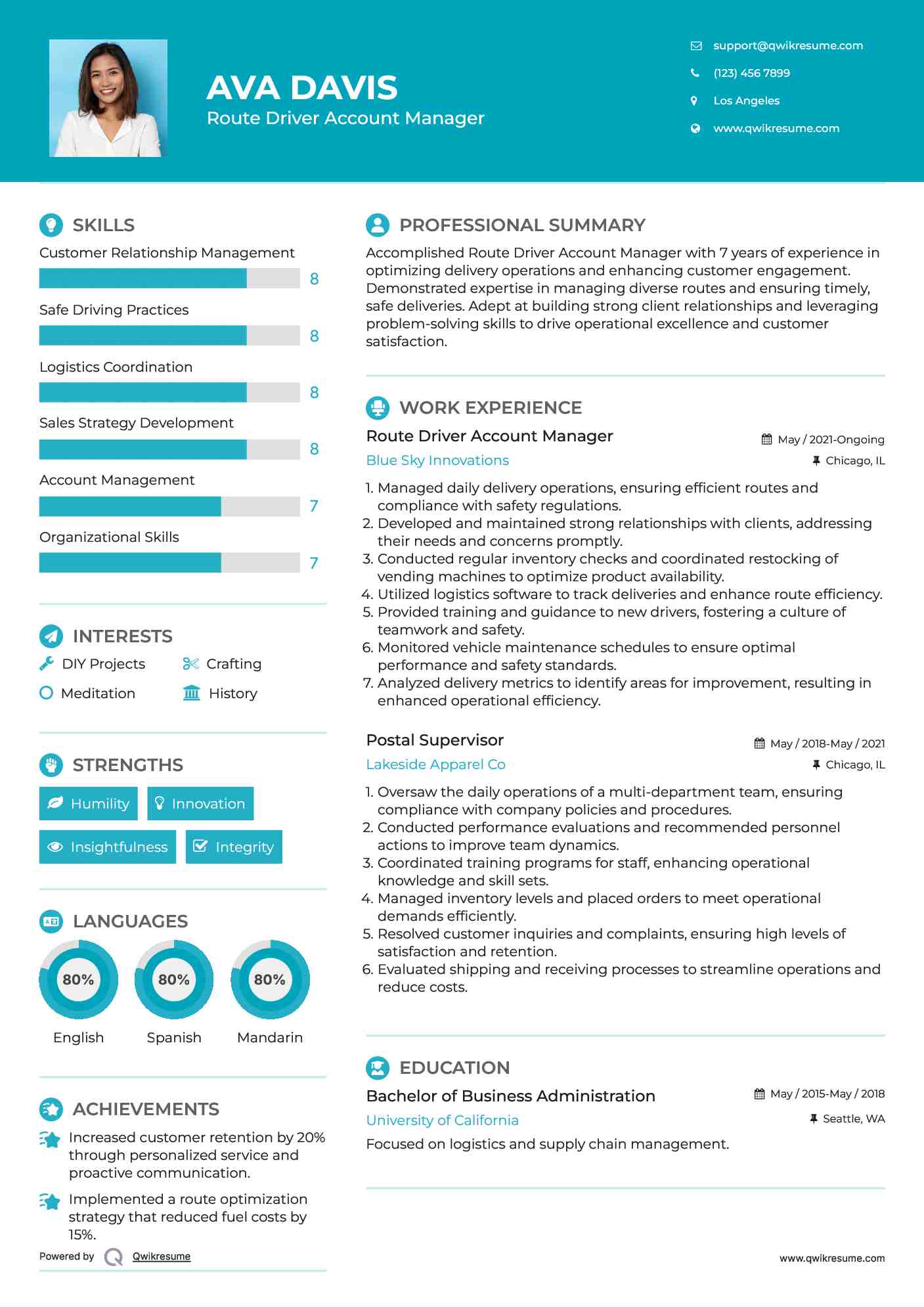 Route Driver Account Manager Resume Model
