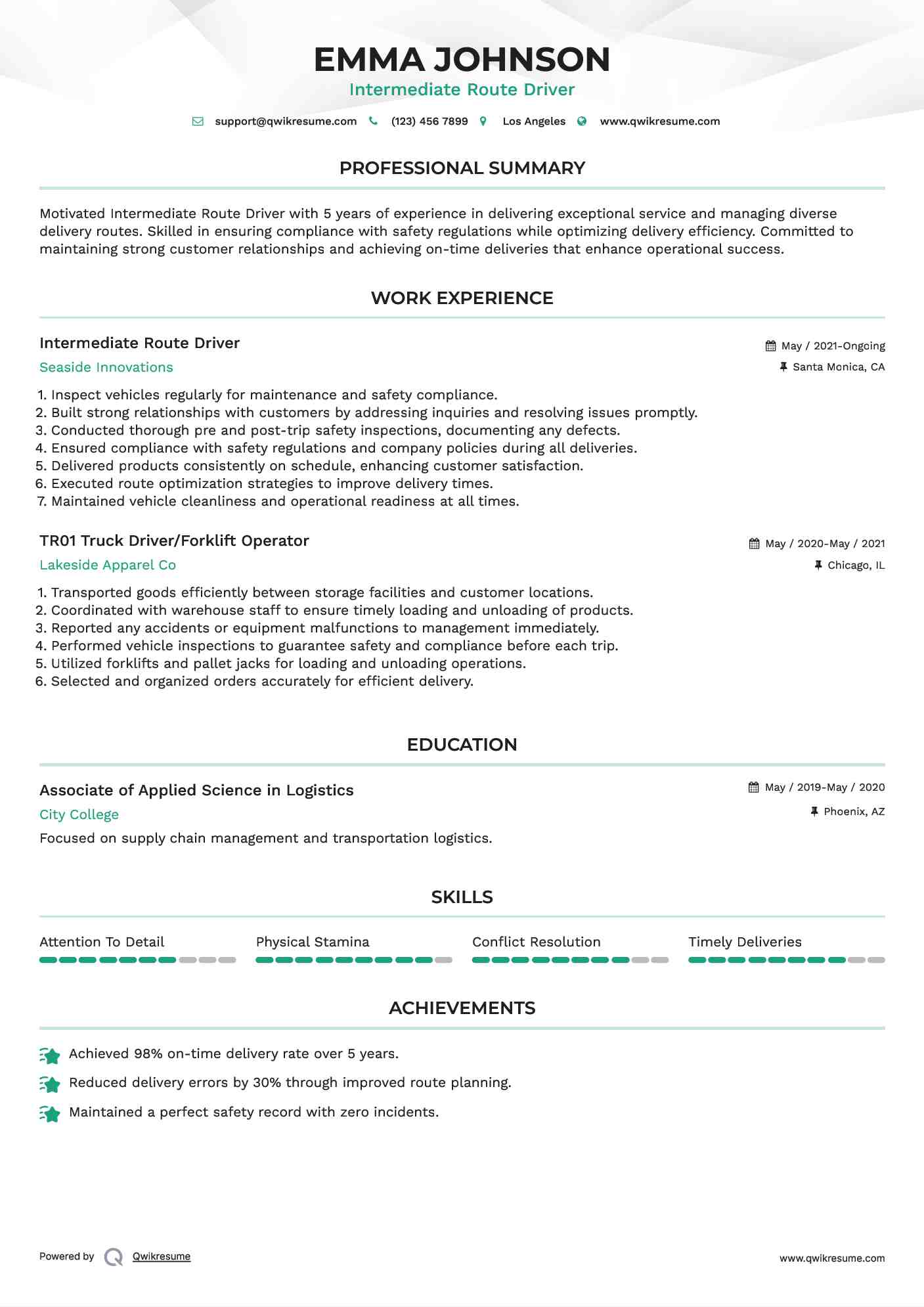 Intermediate Route Driver Resume Model