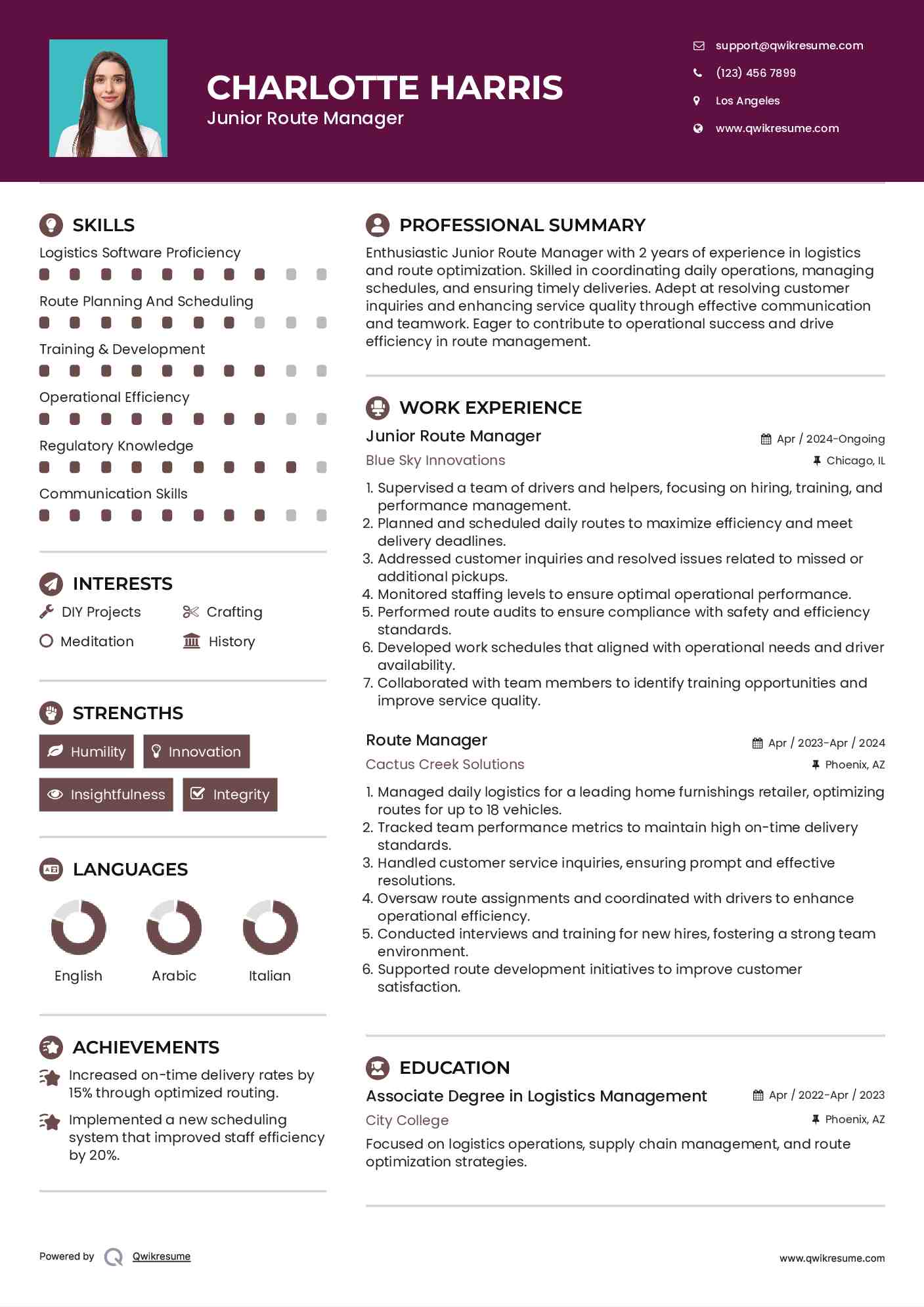 Junior Route Manager Resume Model