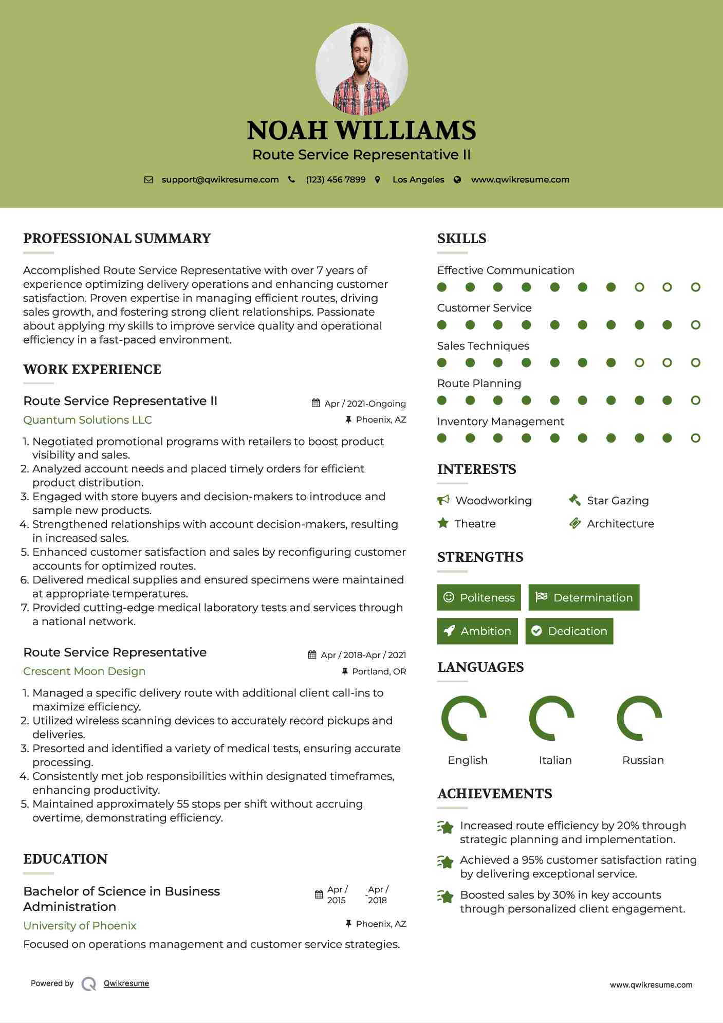 Route Service Representative II Resume Model
