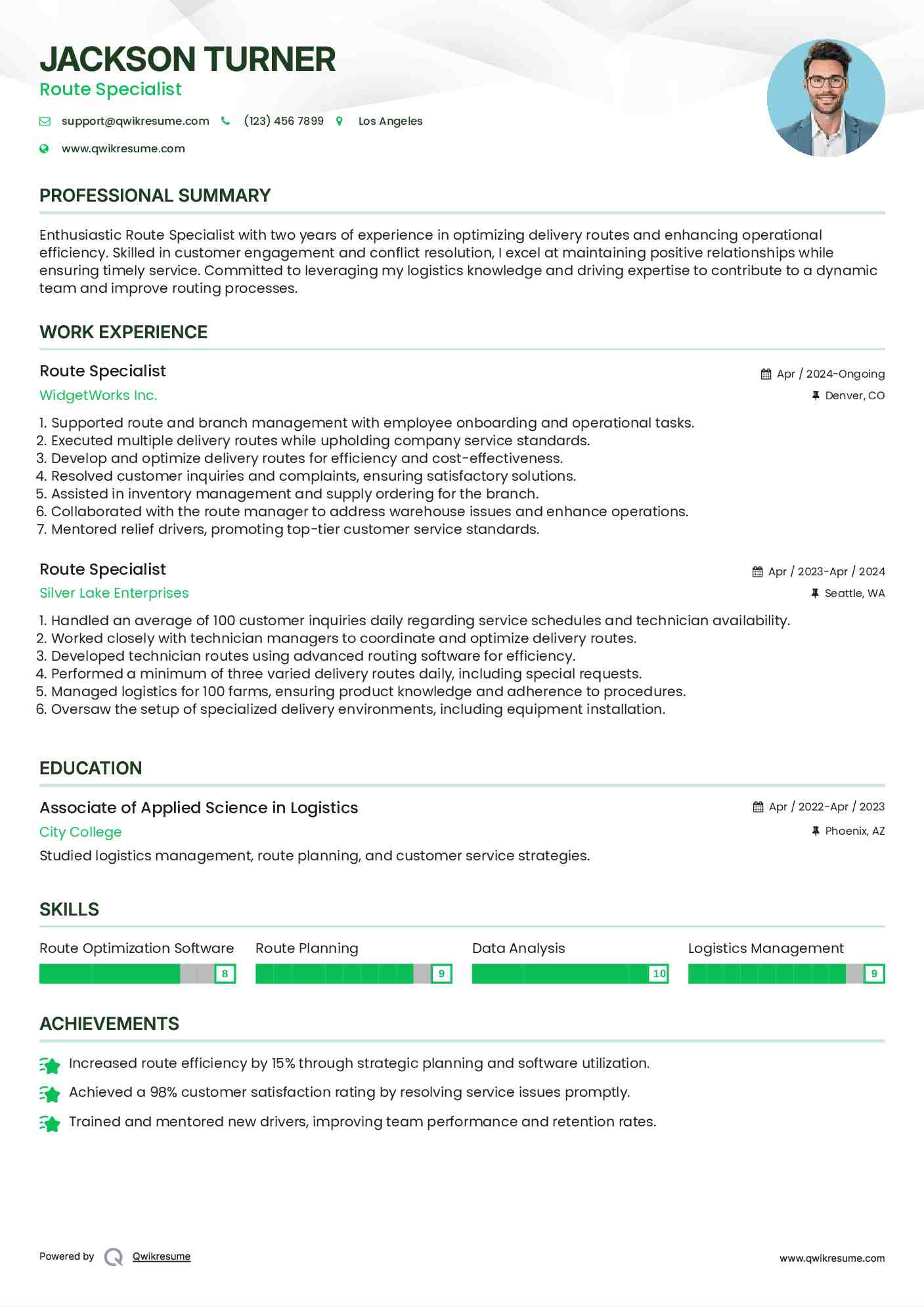 Route Specialist Resume Sample