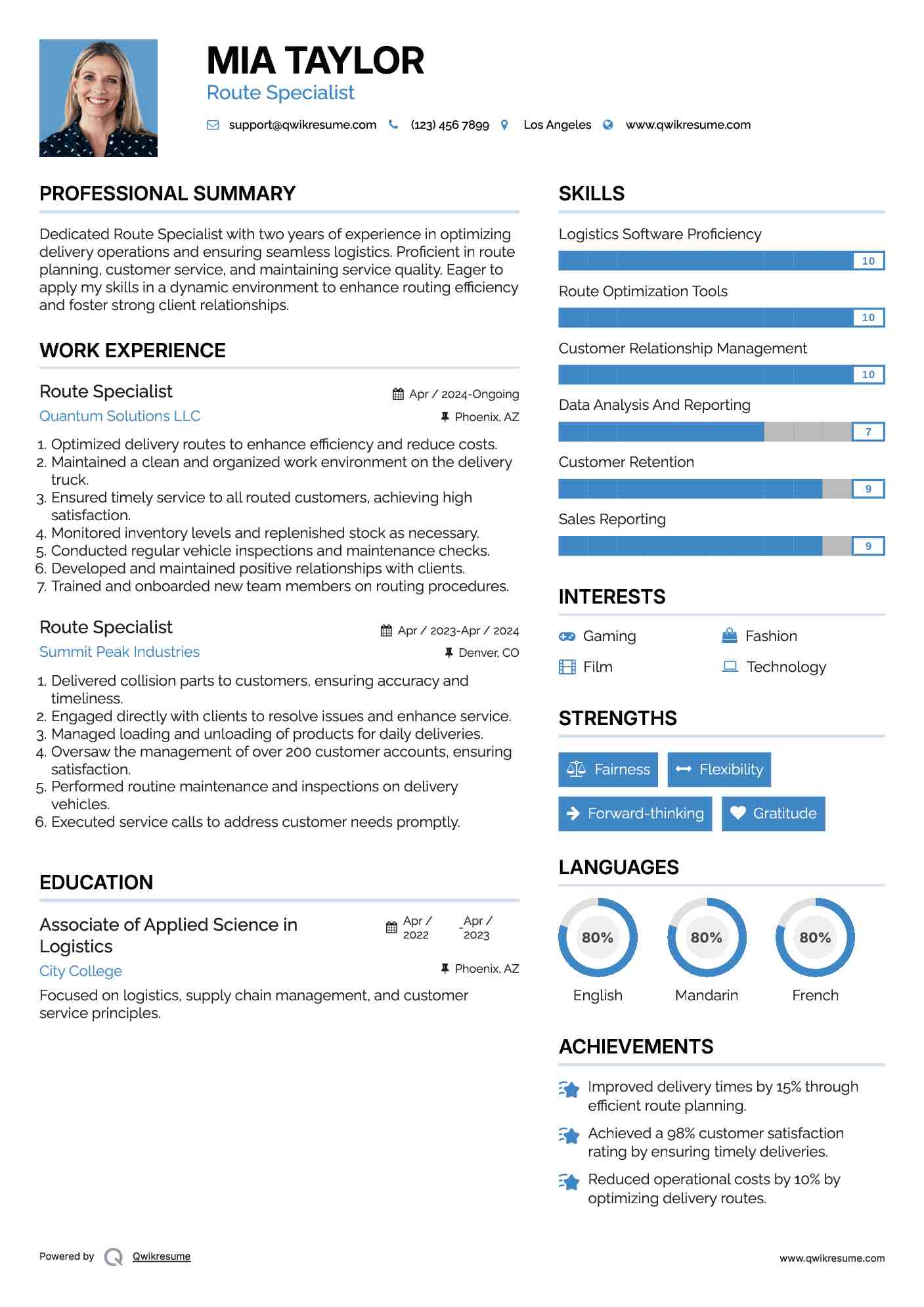 Route Specialist Resume Template