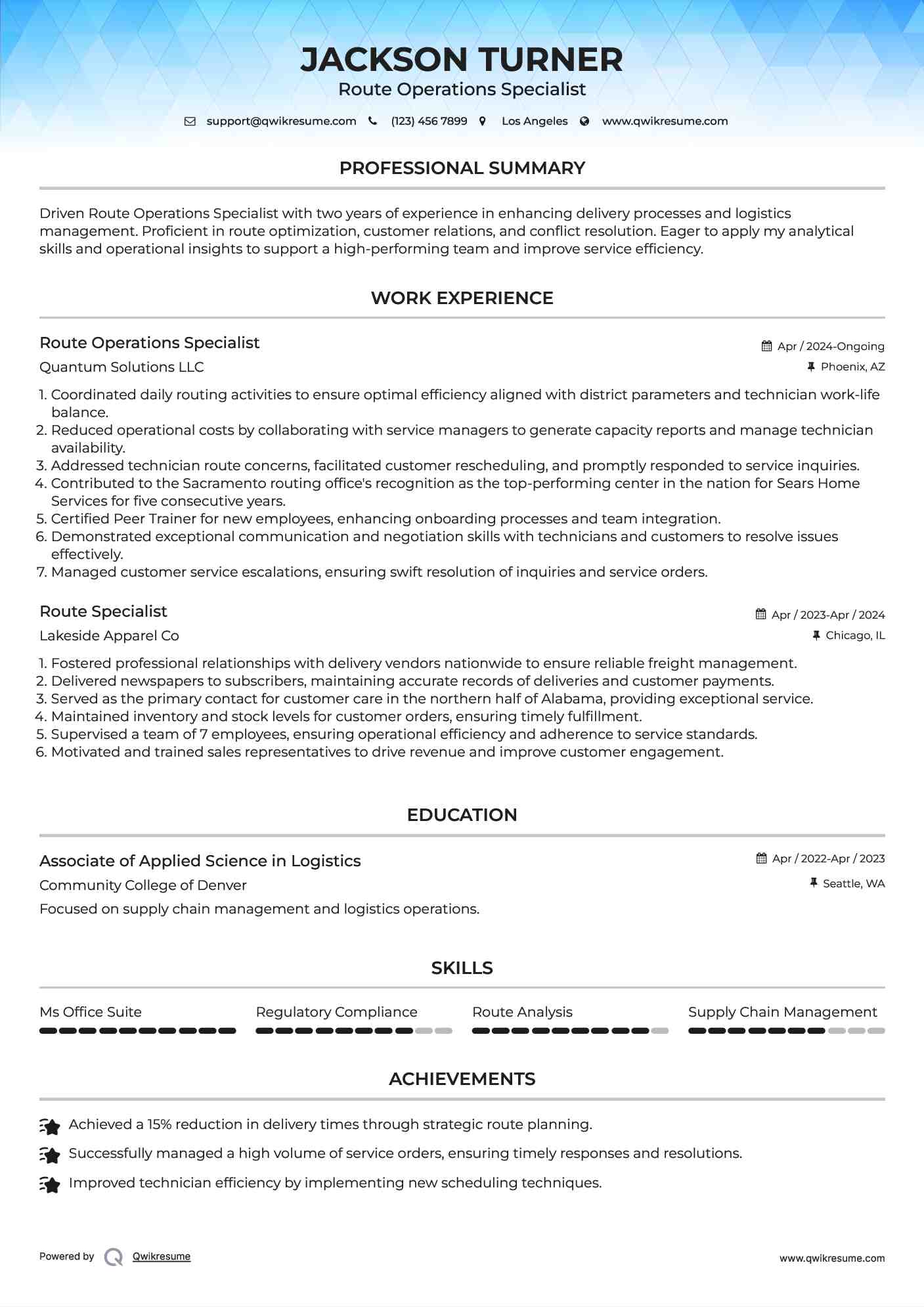 Route Operations Specialist Resume Example