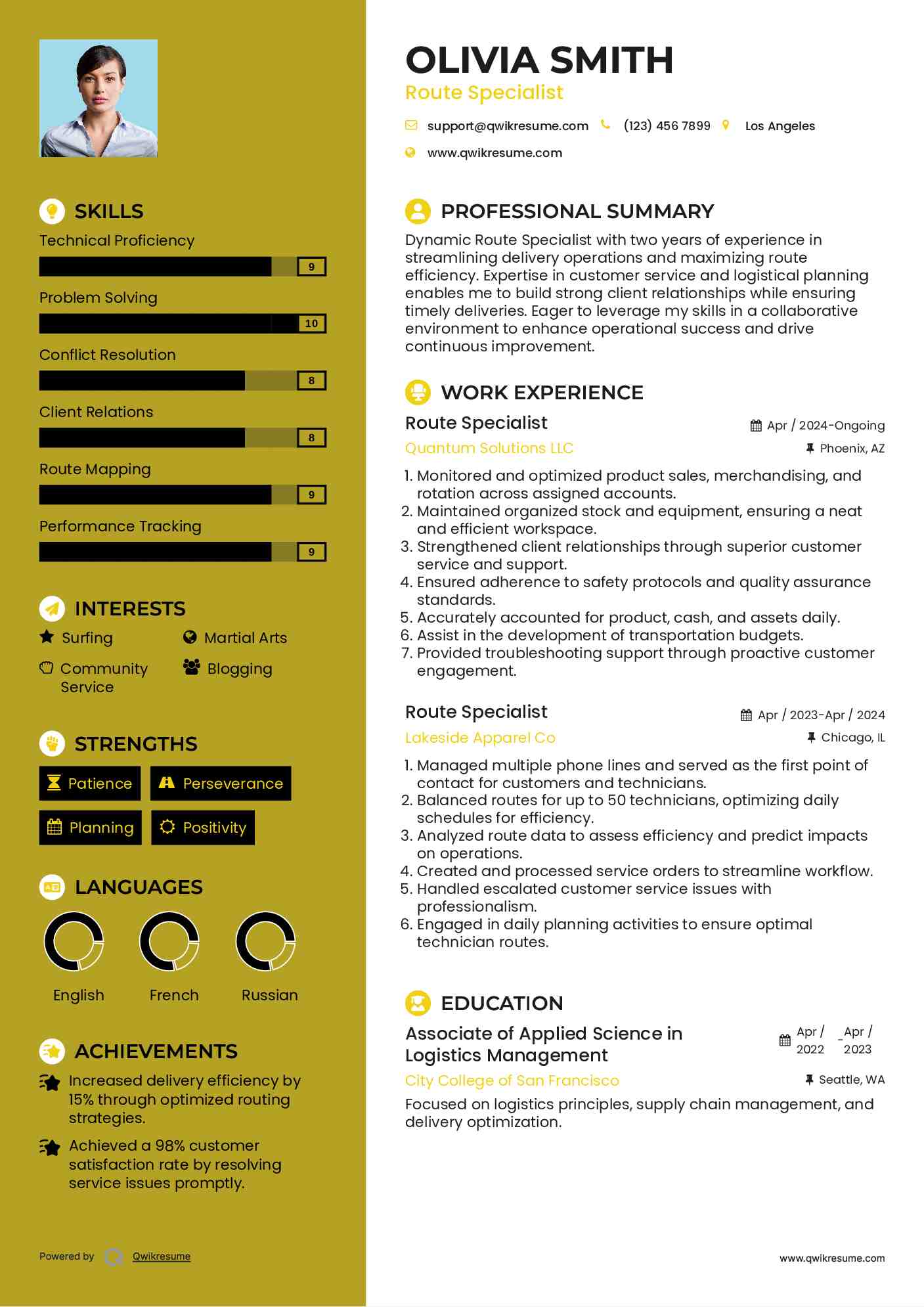 Route Specialist Resume Model