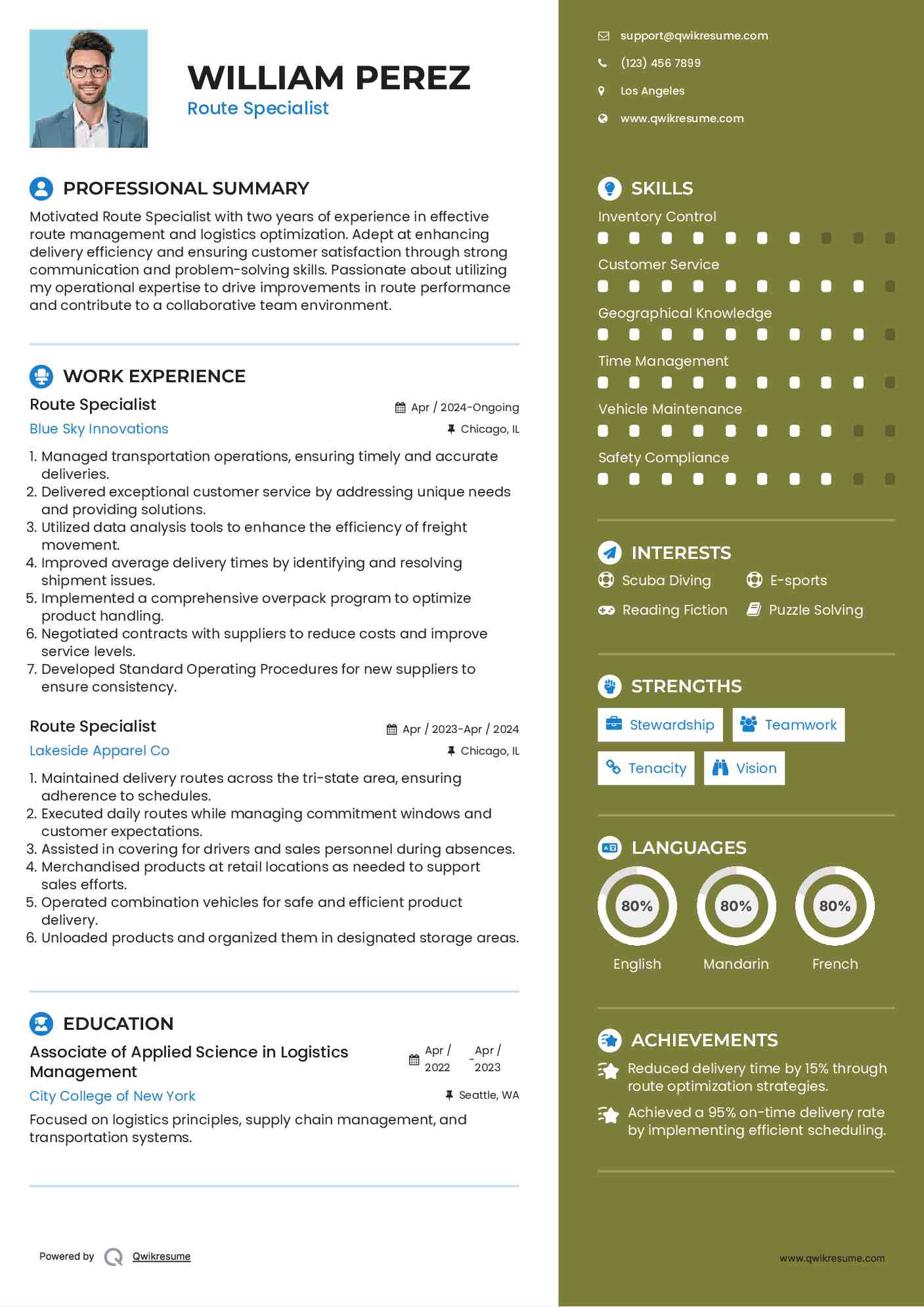 Route Specialist Resume Example