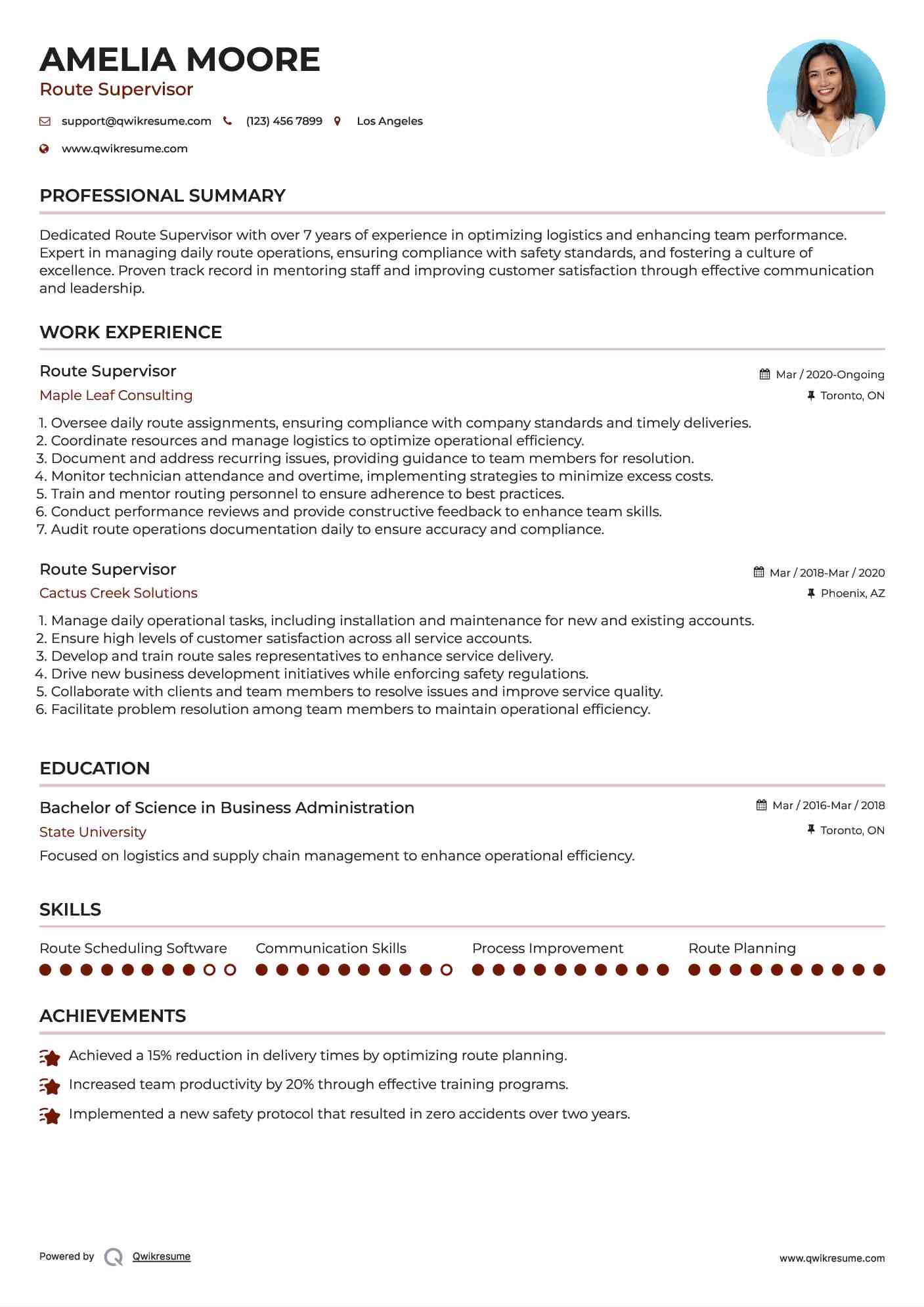 Route Supervisor Resume Template