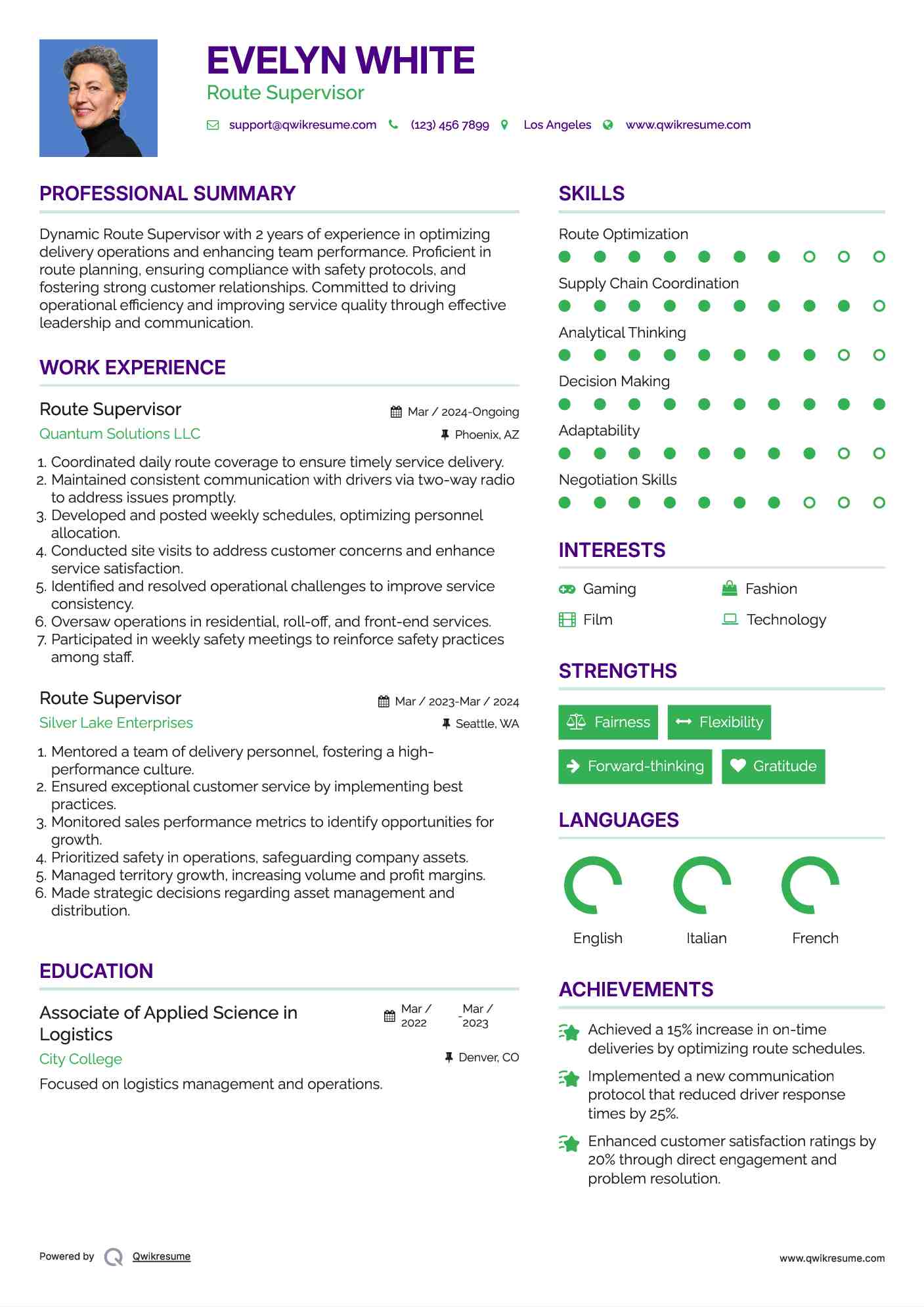 Route Supervisor Resume Model