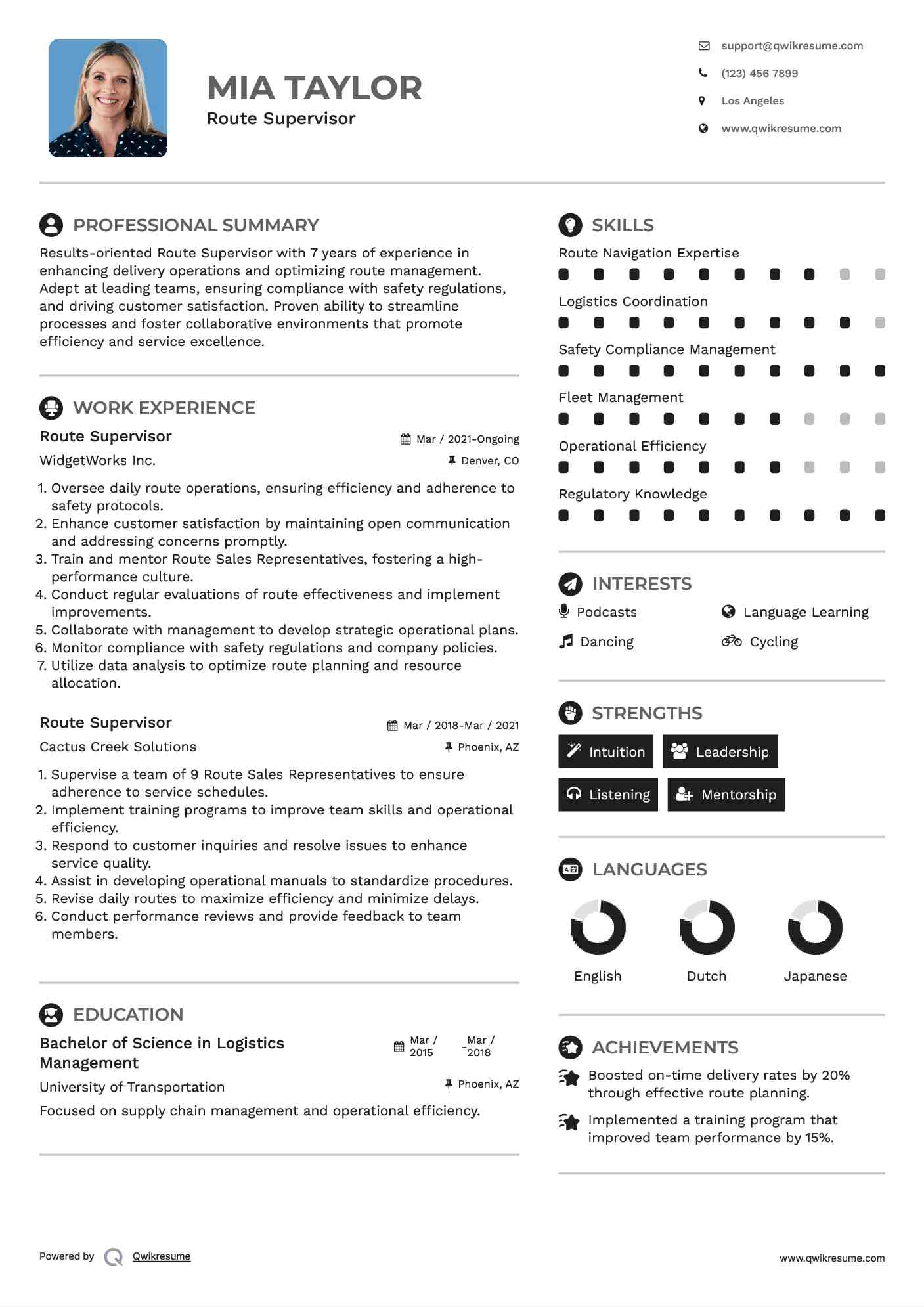 Route Supervisor Resume Format