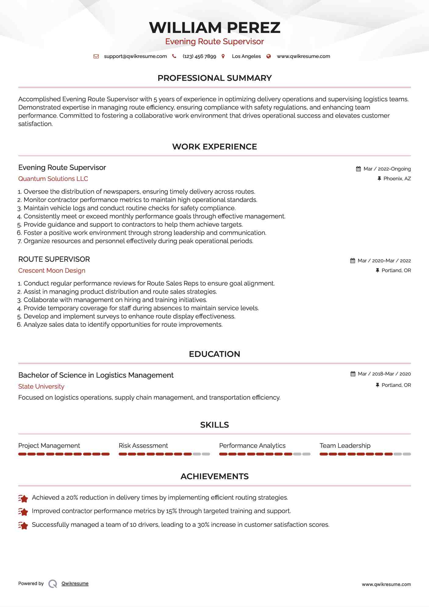 Evening Route Supervisor
 Resume Format