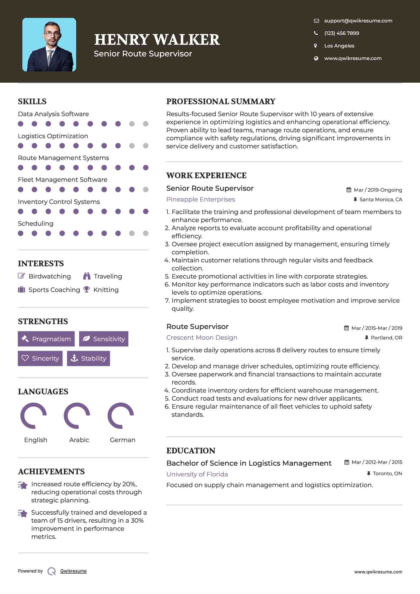 Senior Route Supervisor  Resume Template