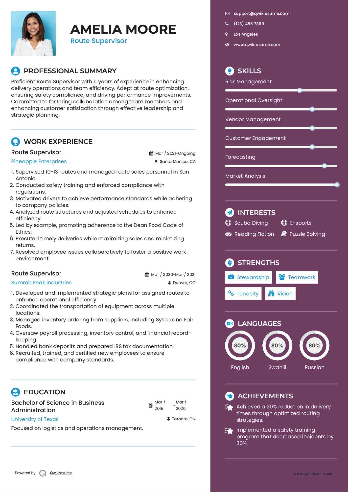 Route Supervisor Resume Template