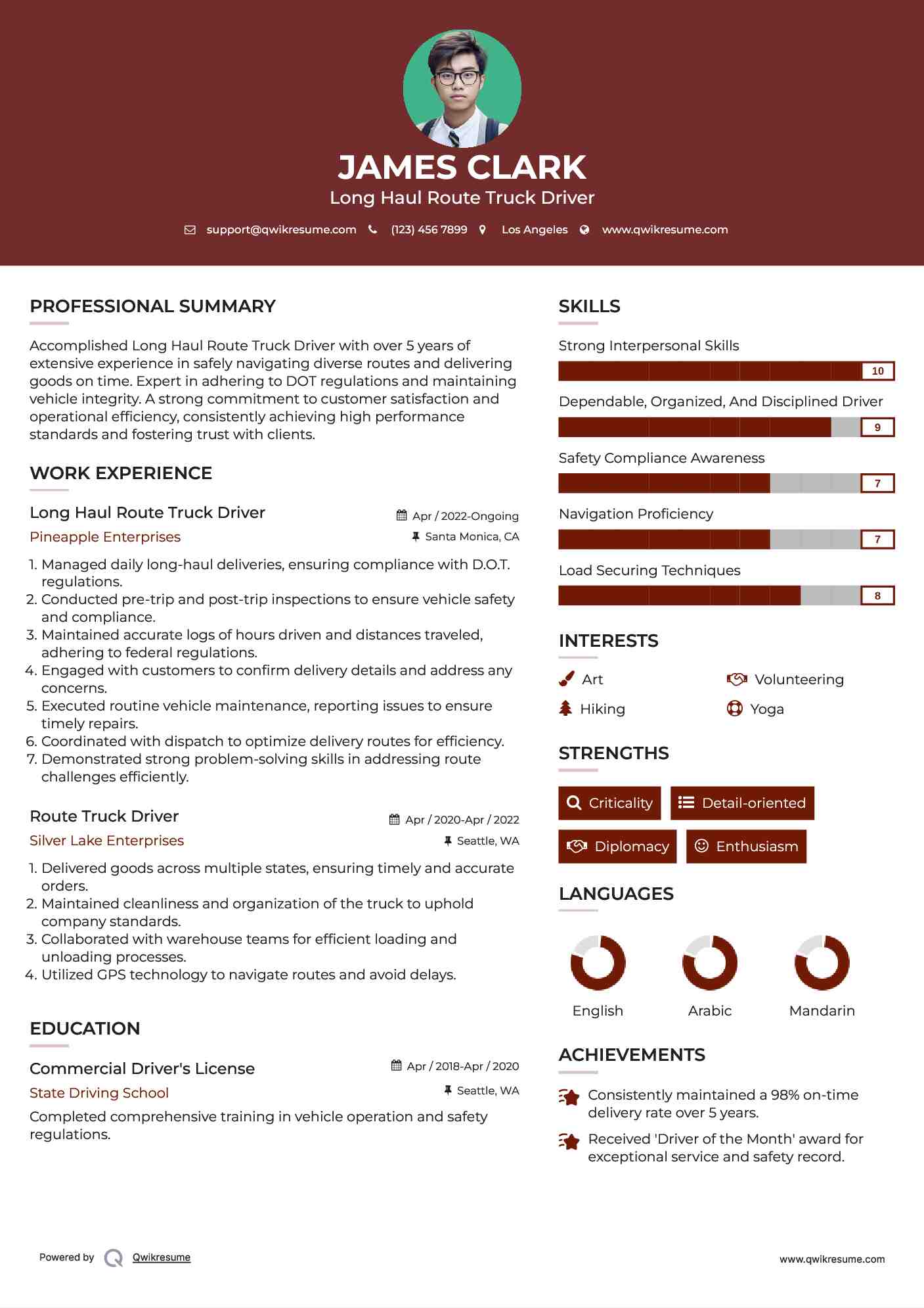 Long Haul Route Truck Driver Resume Sample