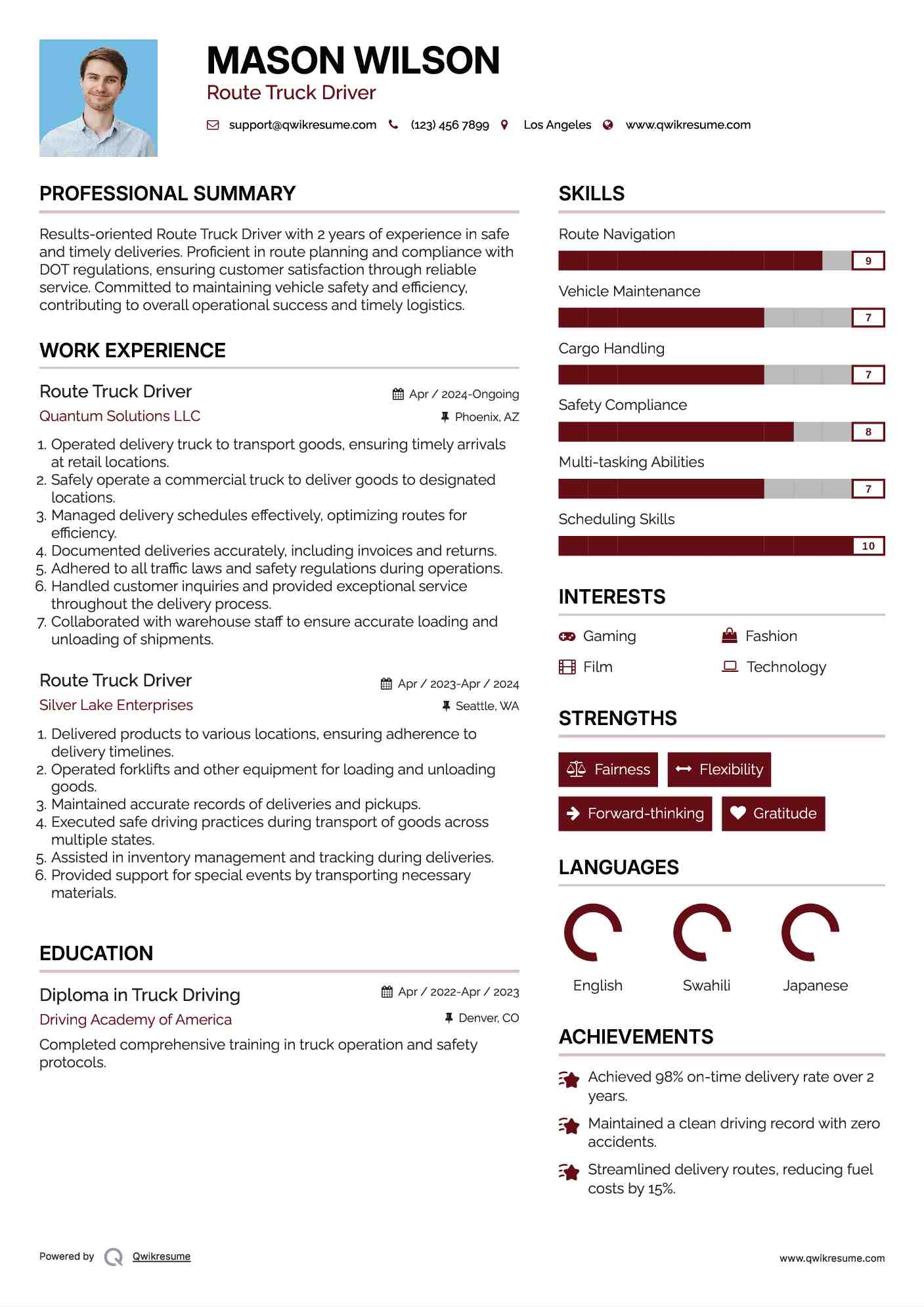 Route Truck Driver Resume Sample