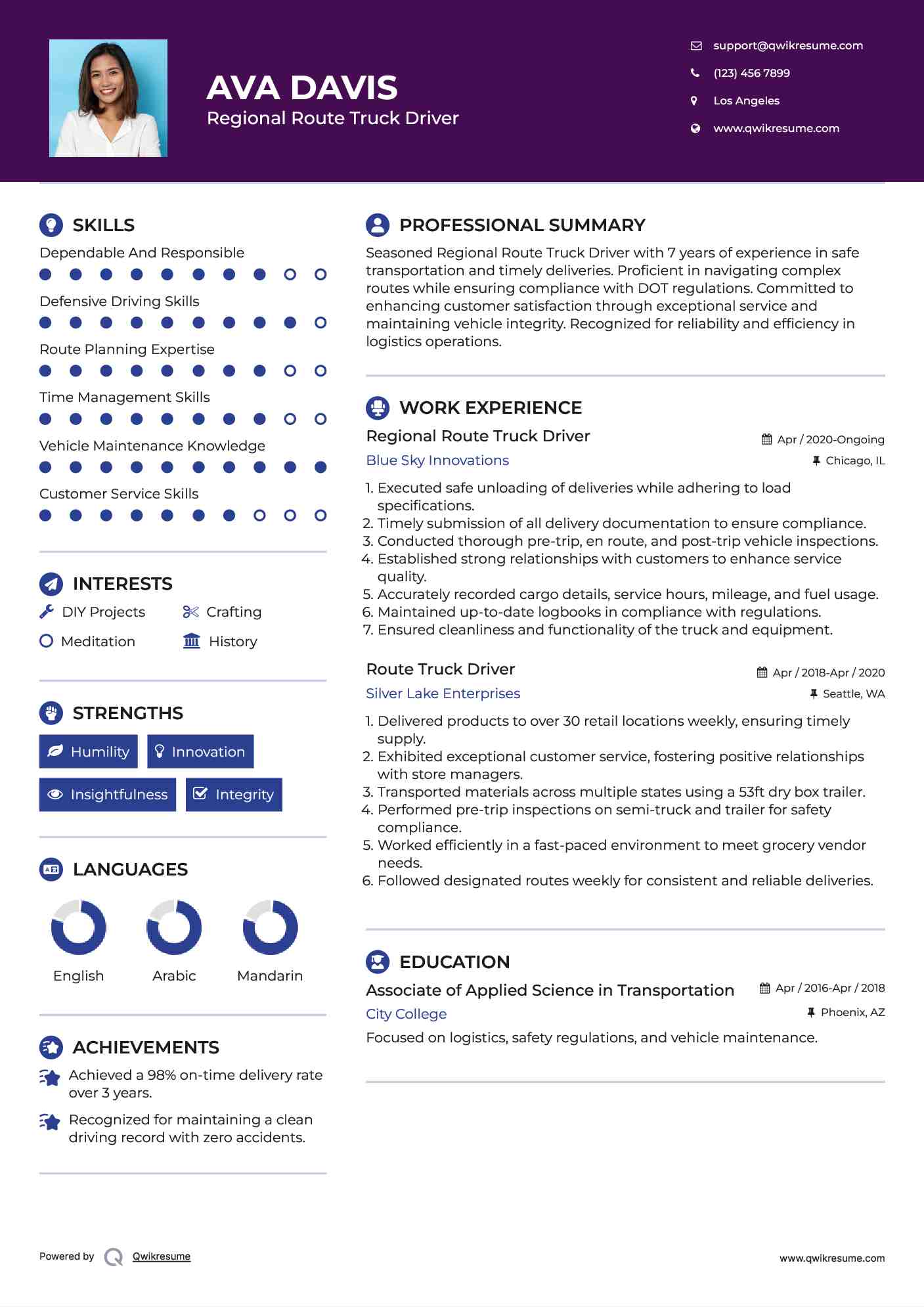 Regional Route Truck Driver Resume Model