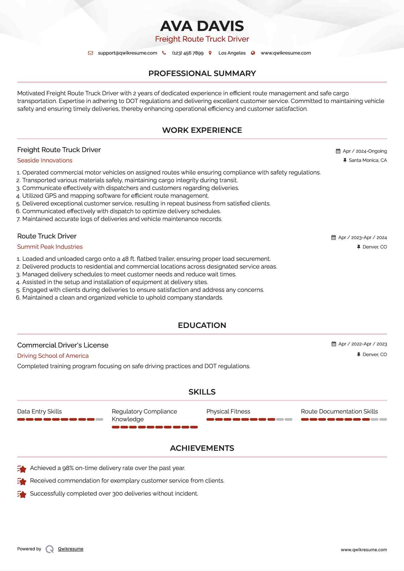 Freight Route Truck Driver Resume Template