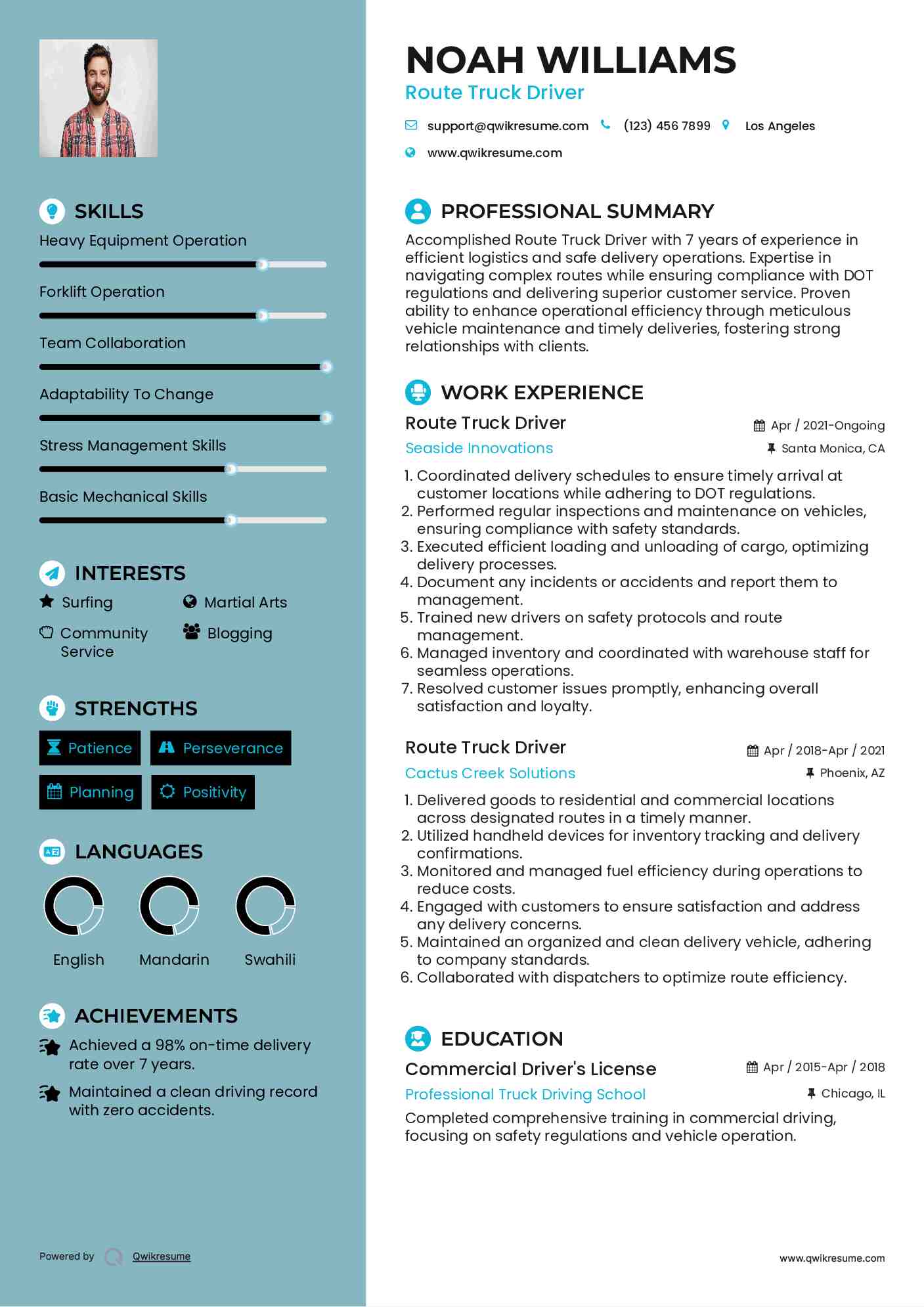 Route Truck Driver Resume Example