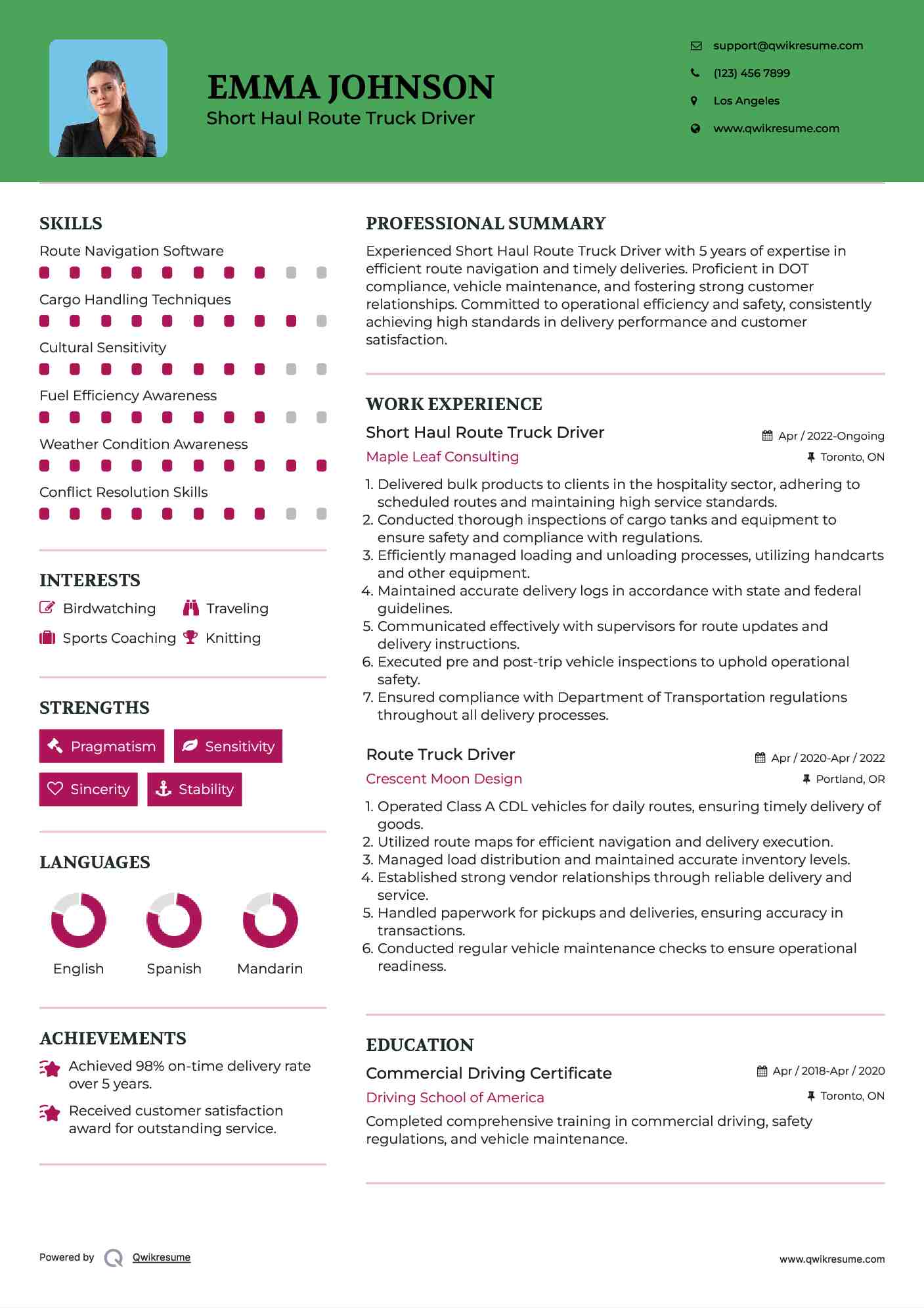 Short Haul Route Truck Driver Resume Format