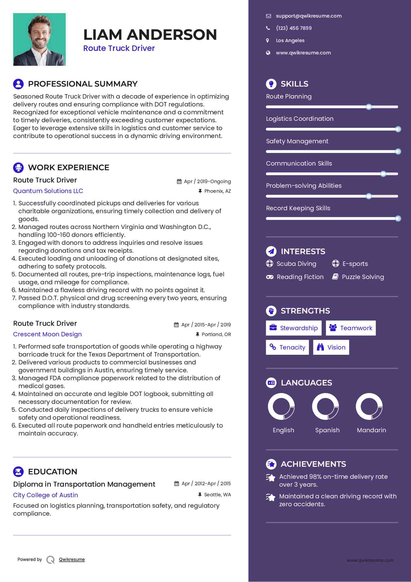 Route Truck Driver Resume Template