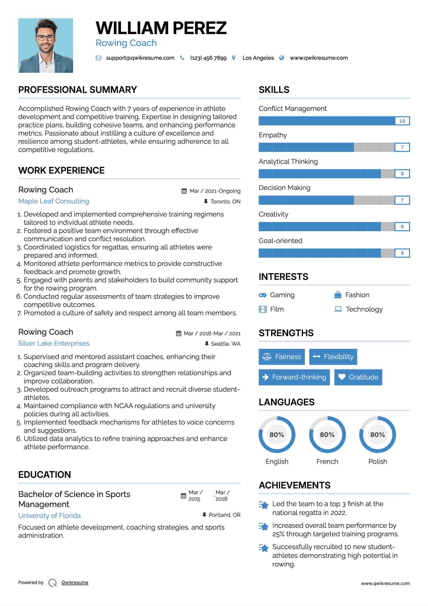 Rowing Coach Resume Example