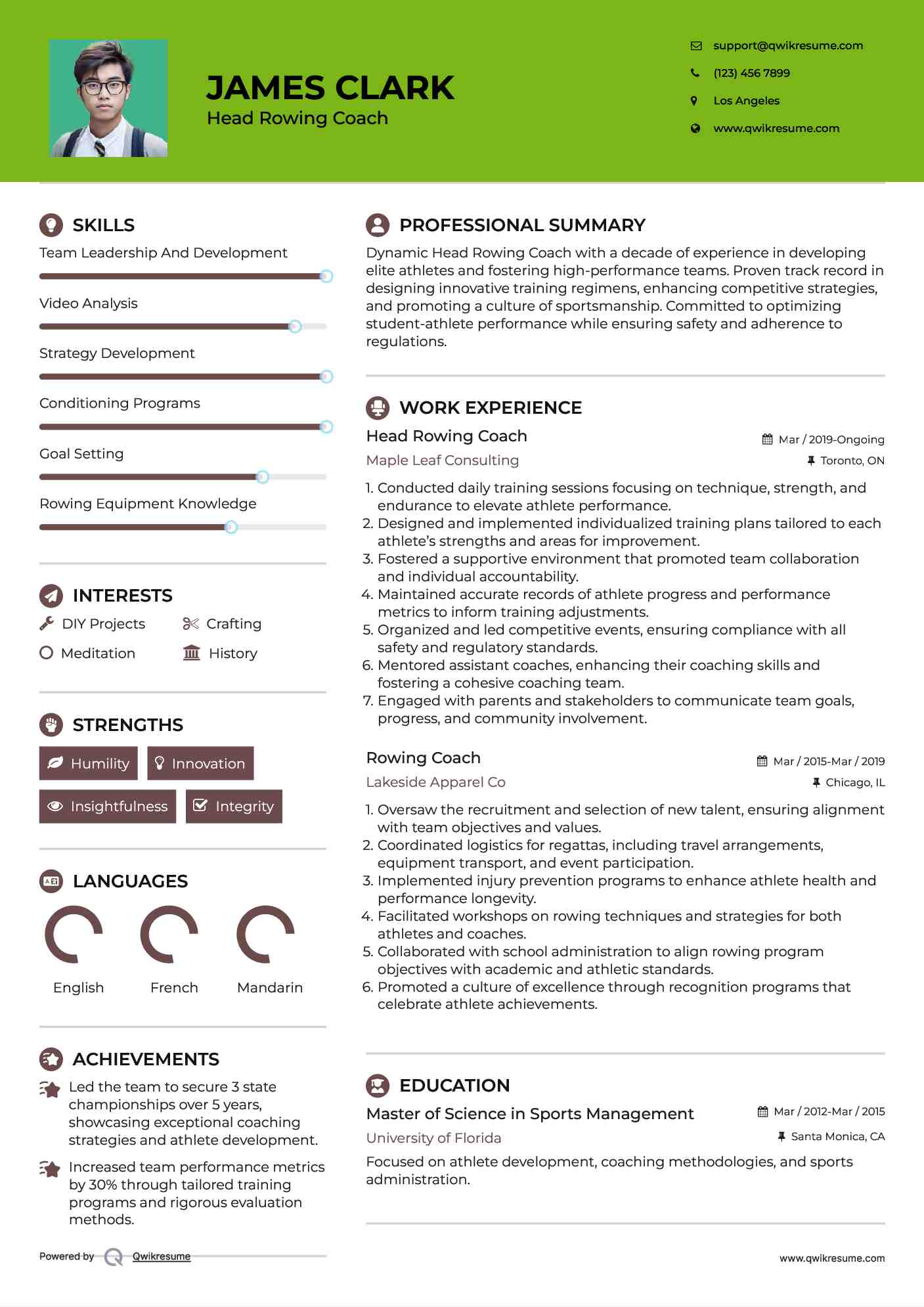 Head Rowing Coach Resume Model