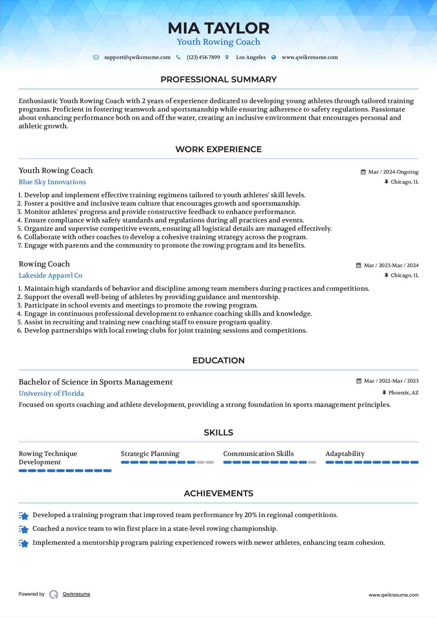Youth Rowing Coach Resume Sample