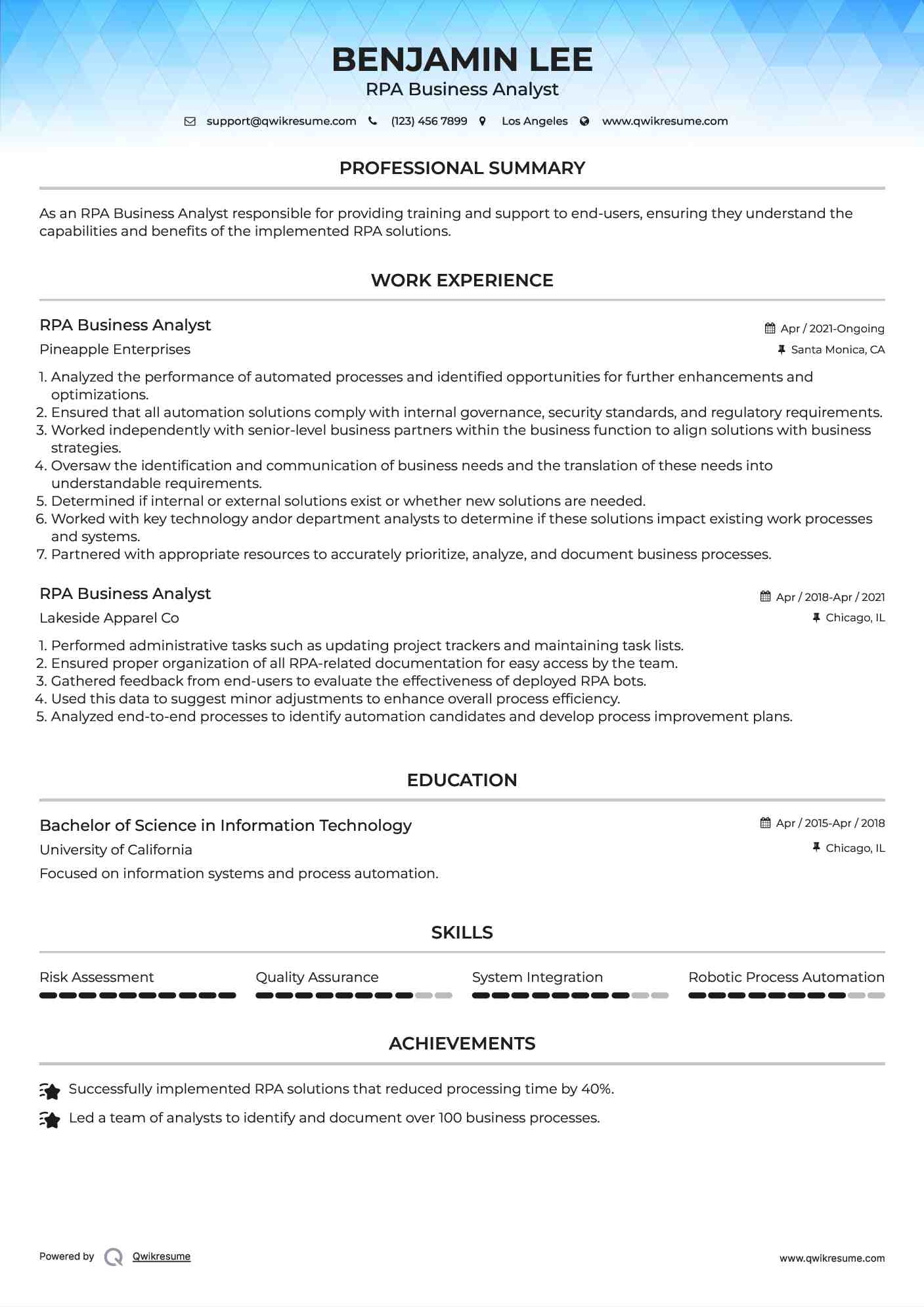 RPA Business Analyst Resume Model
