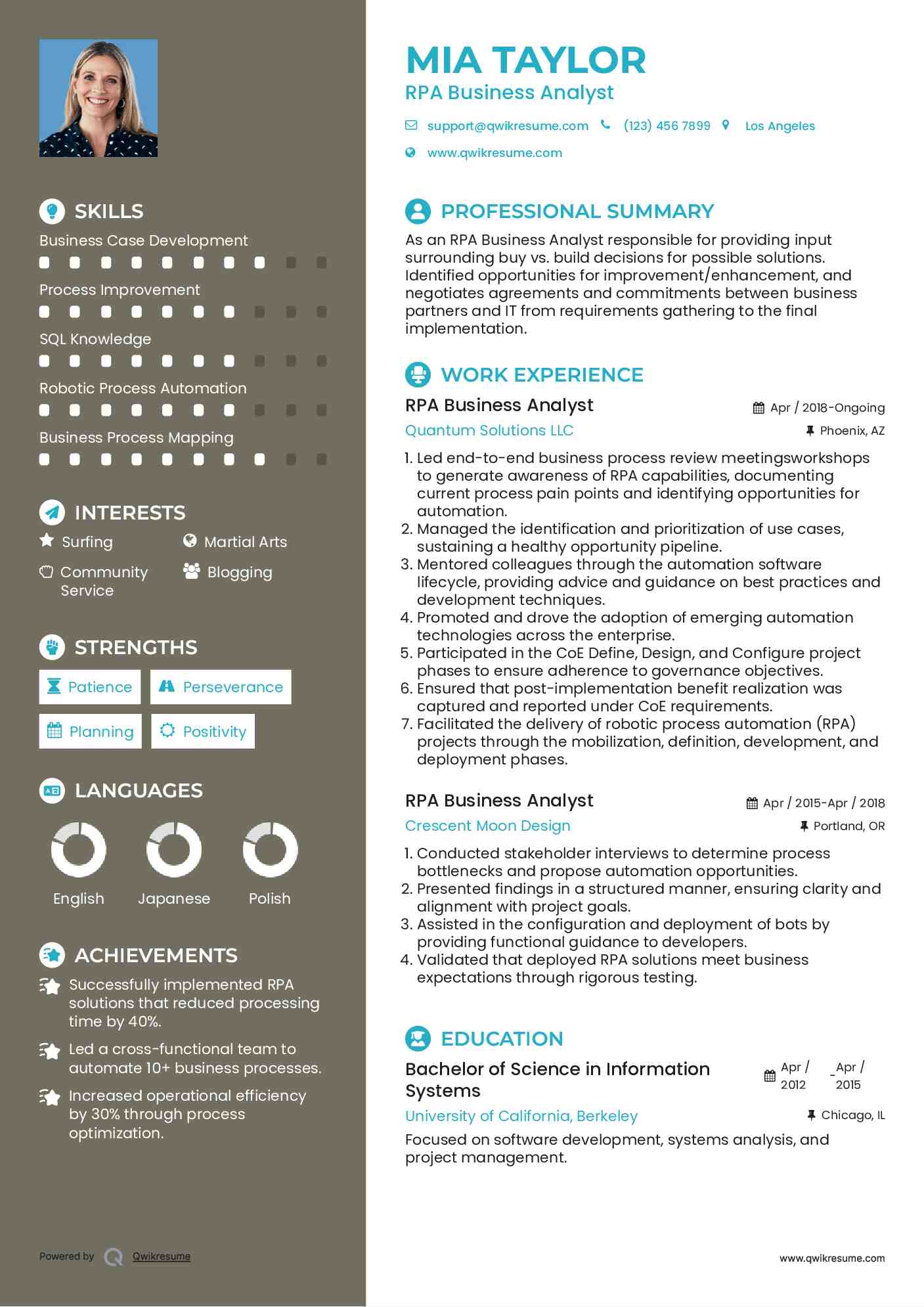 RPA Business Analyst Resume Example