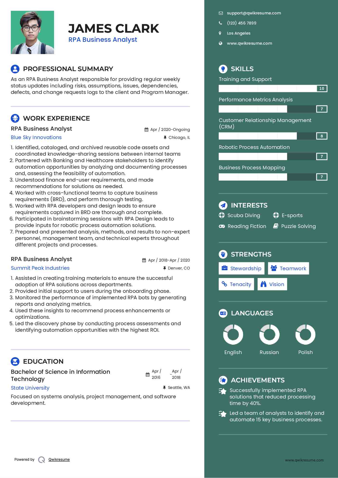 RPA Business Analyst Resume Template