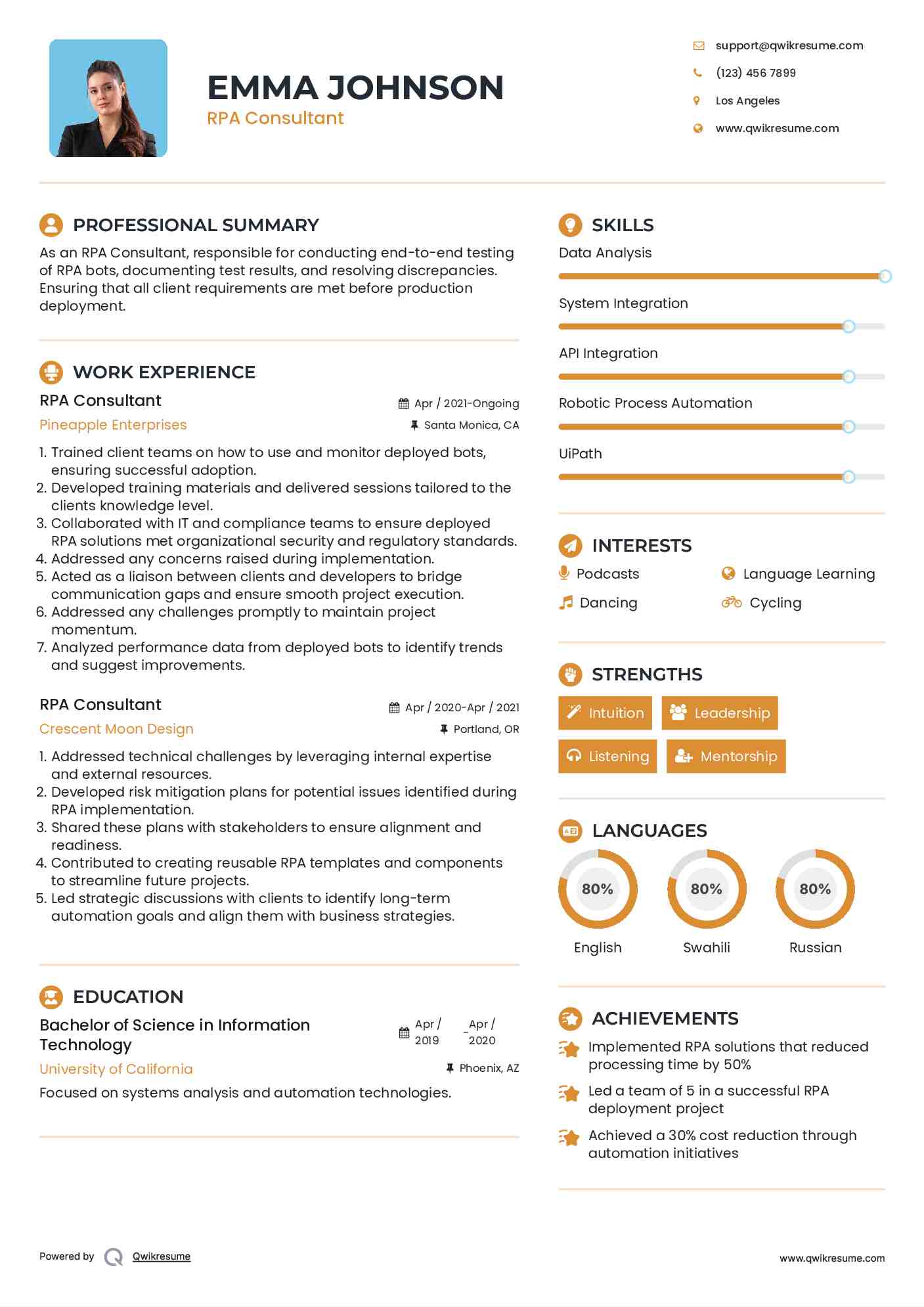 RPA Consultant Resume Template