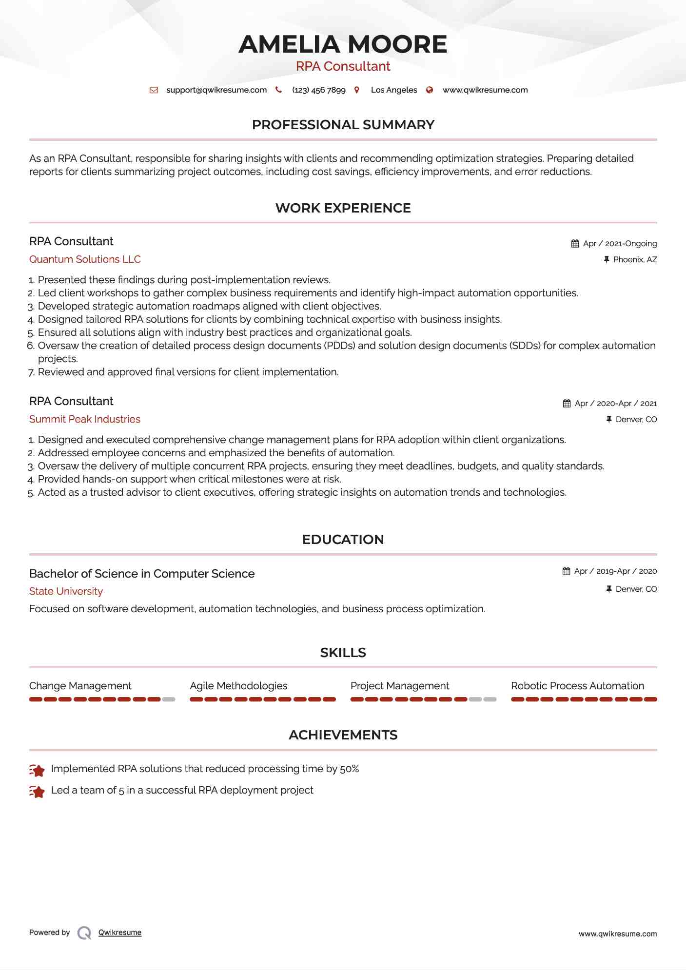 RPA Consultant Resume Example