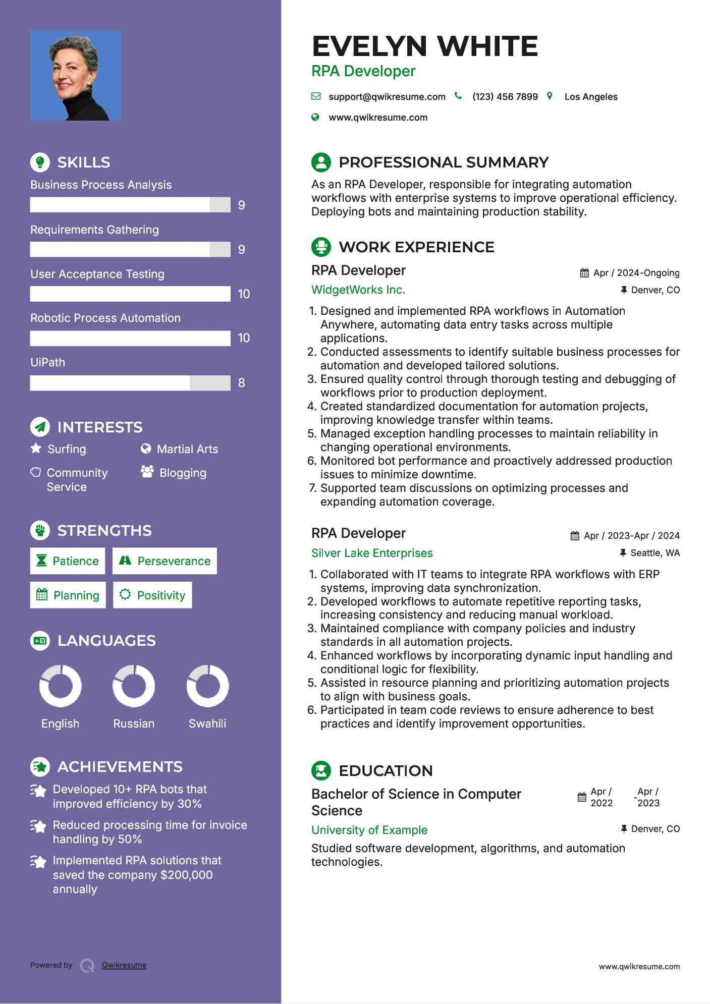 RPA Developer Resume Example