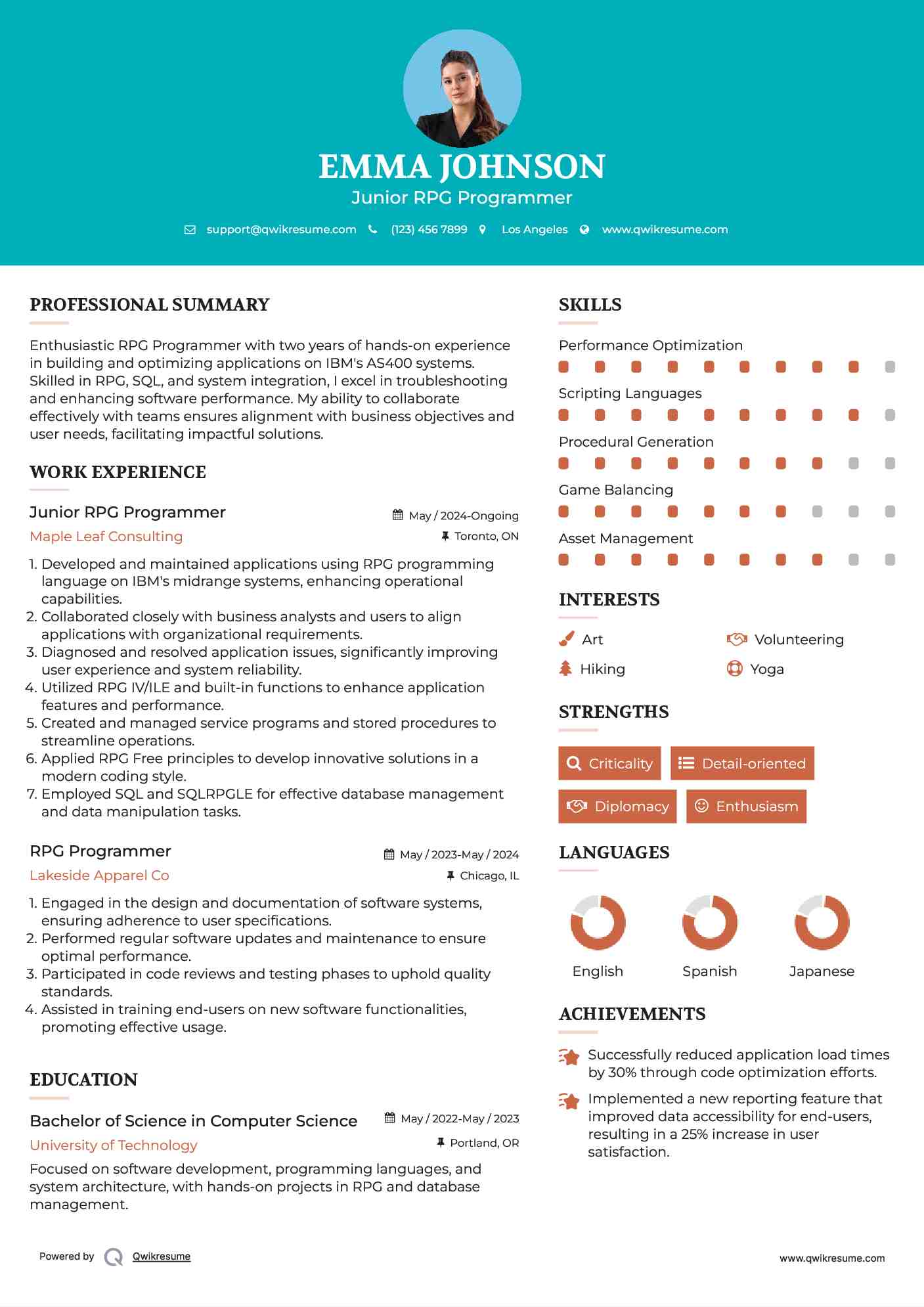 Junior RPG Programmer Resume Model