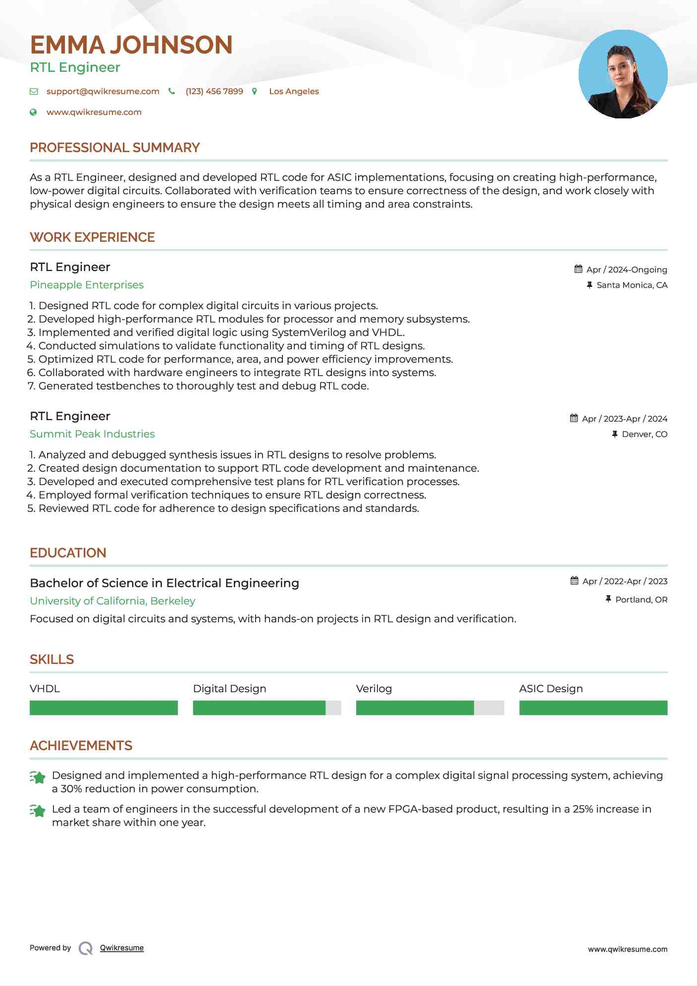 RTL Engineer Resume Format