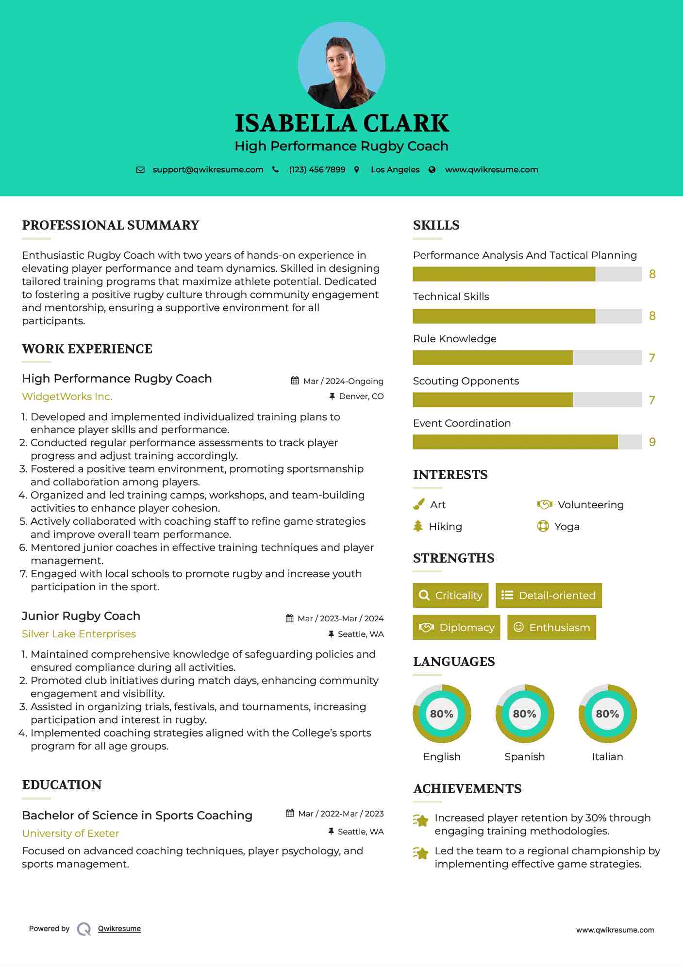 High Performance Rugby Coach

 Resume Sample