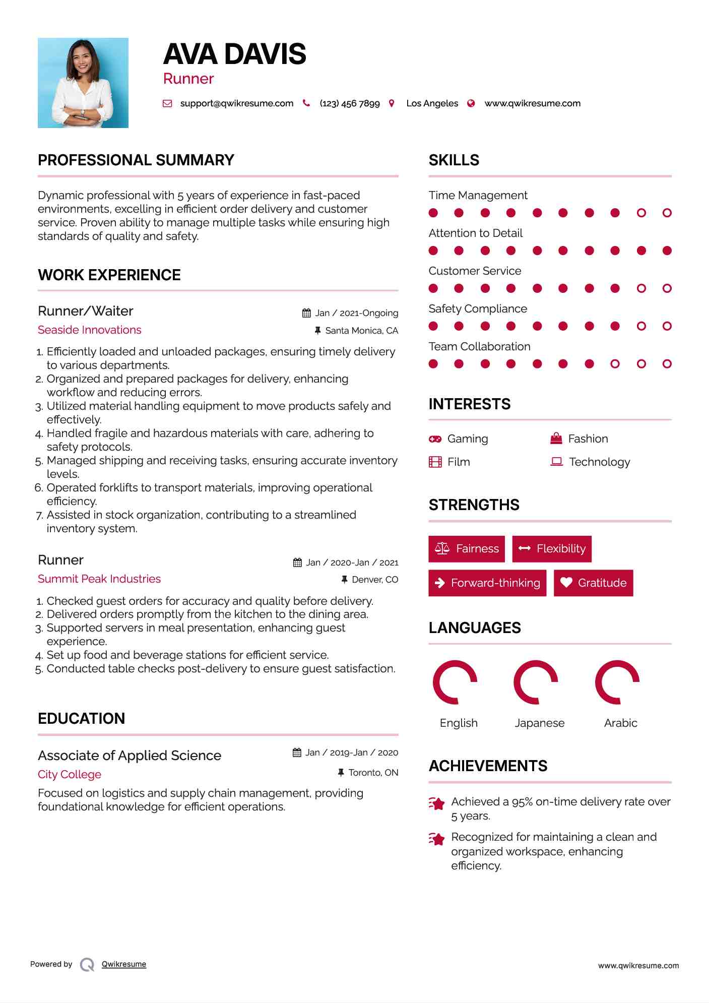 Runner/Waiter  Resume Model
