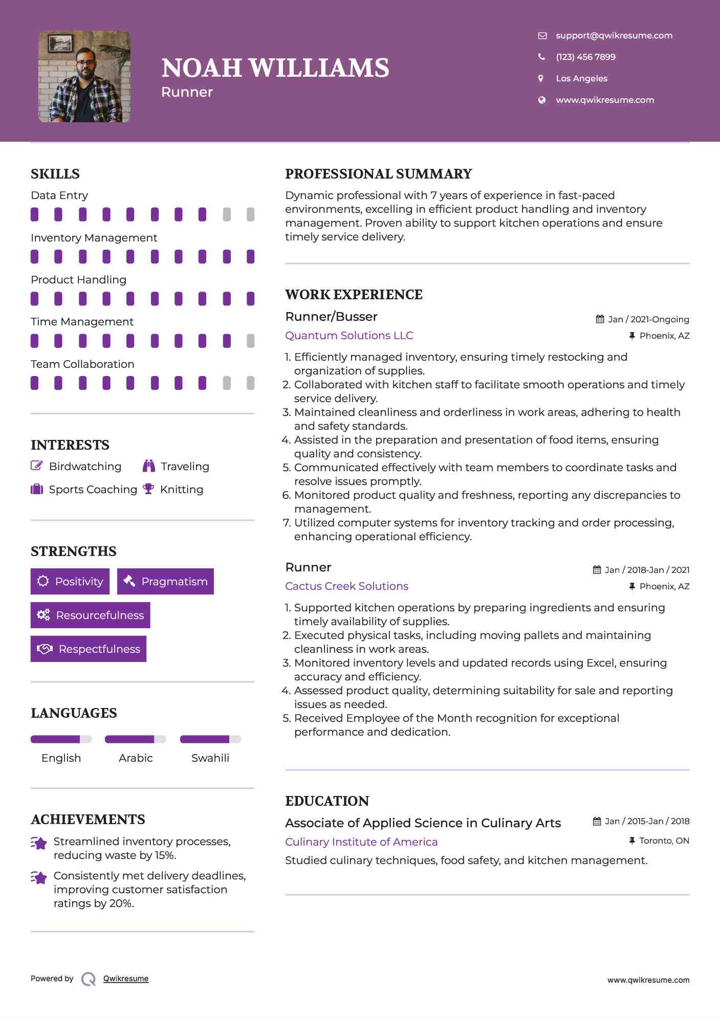 Runner/Busser Resume Template