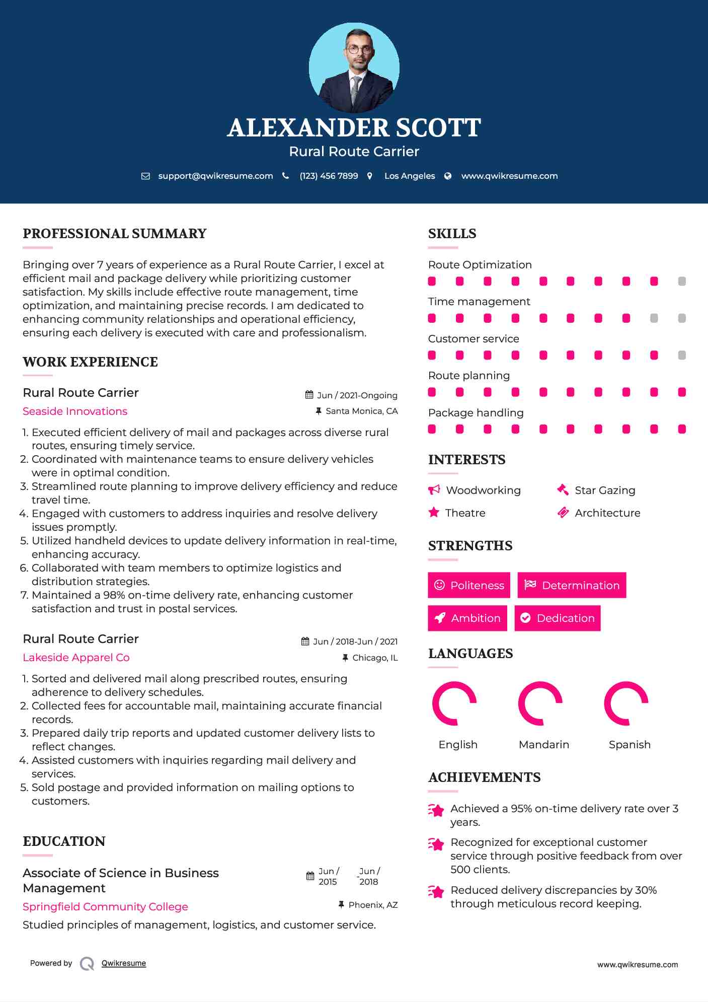 Rural Route Carrier Resume Model