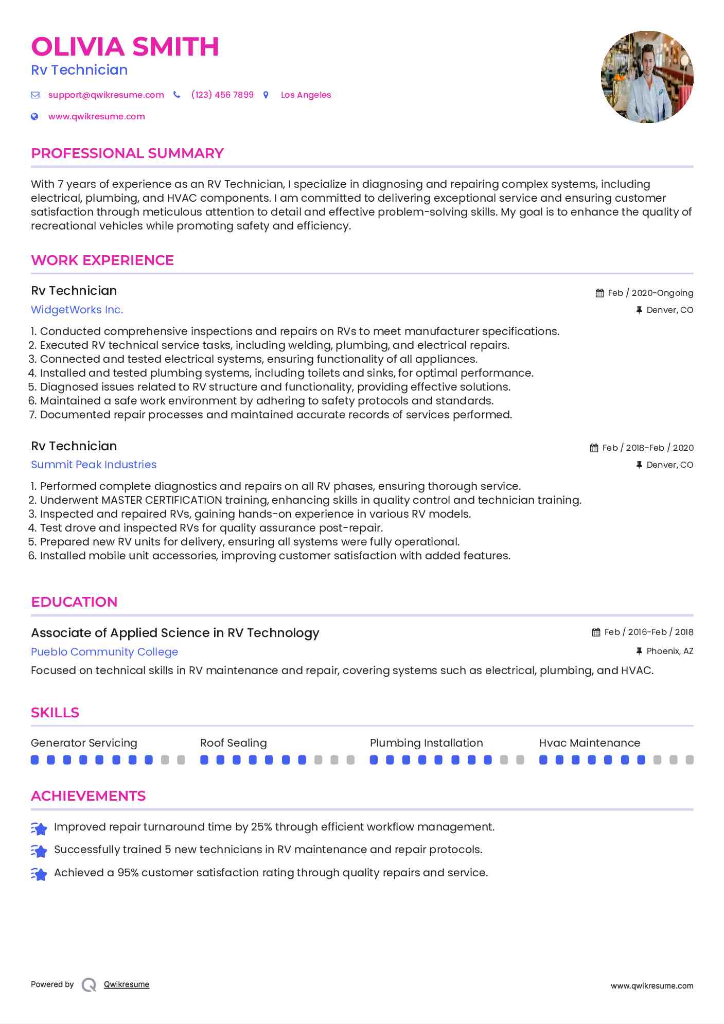 Rv Technician Resume Samples QwikResume