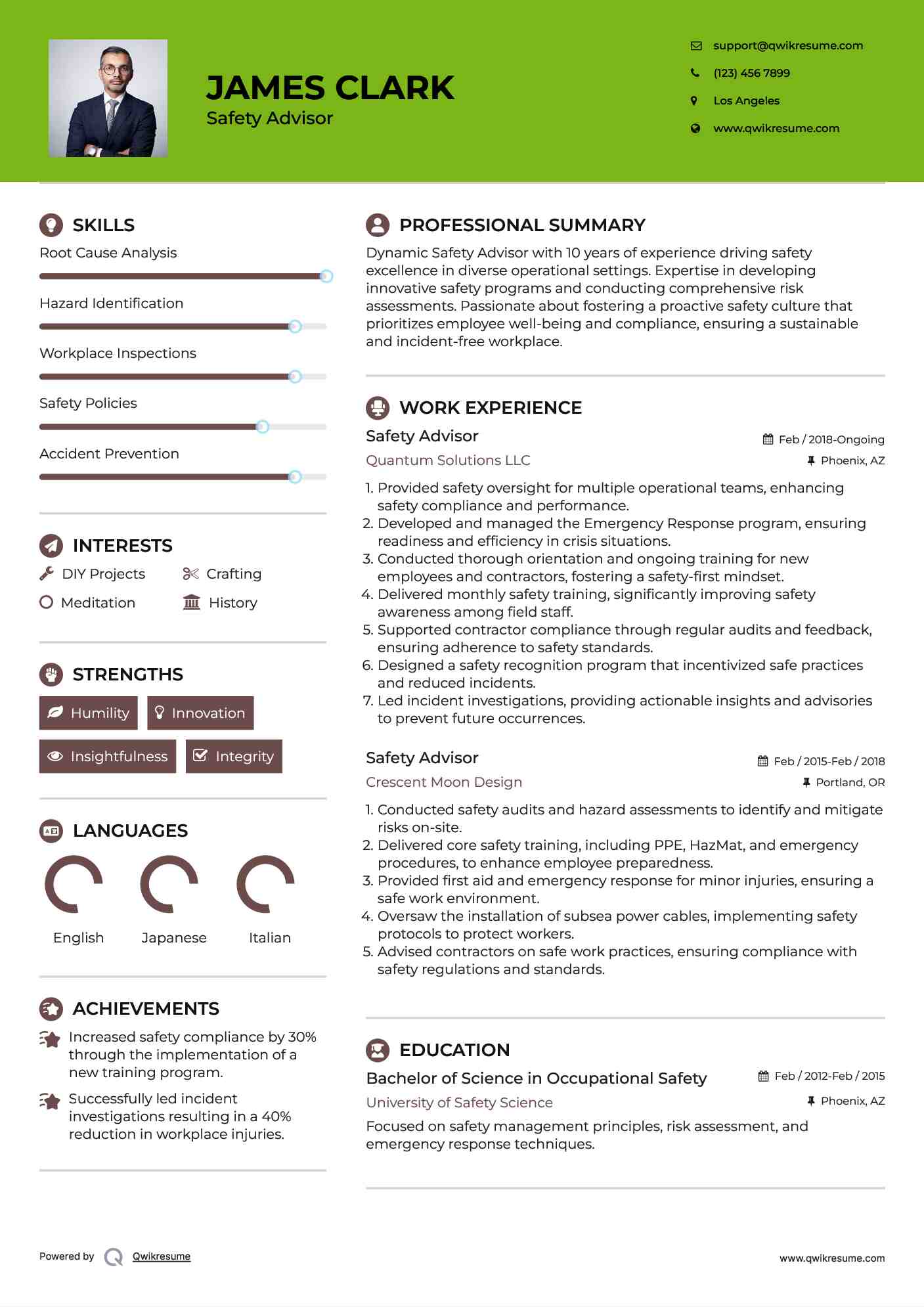 Safety Advisor Resume Example