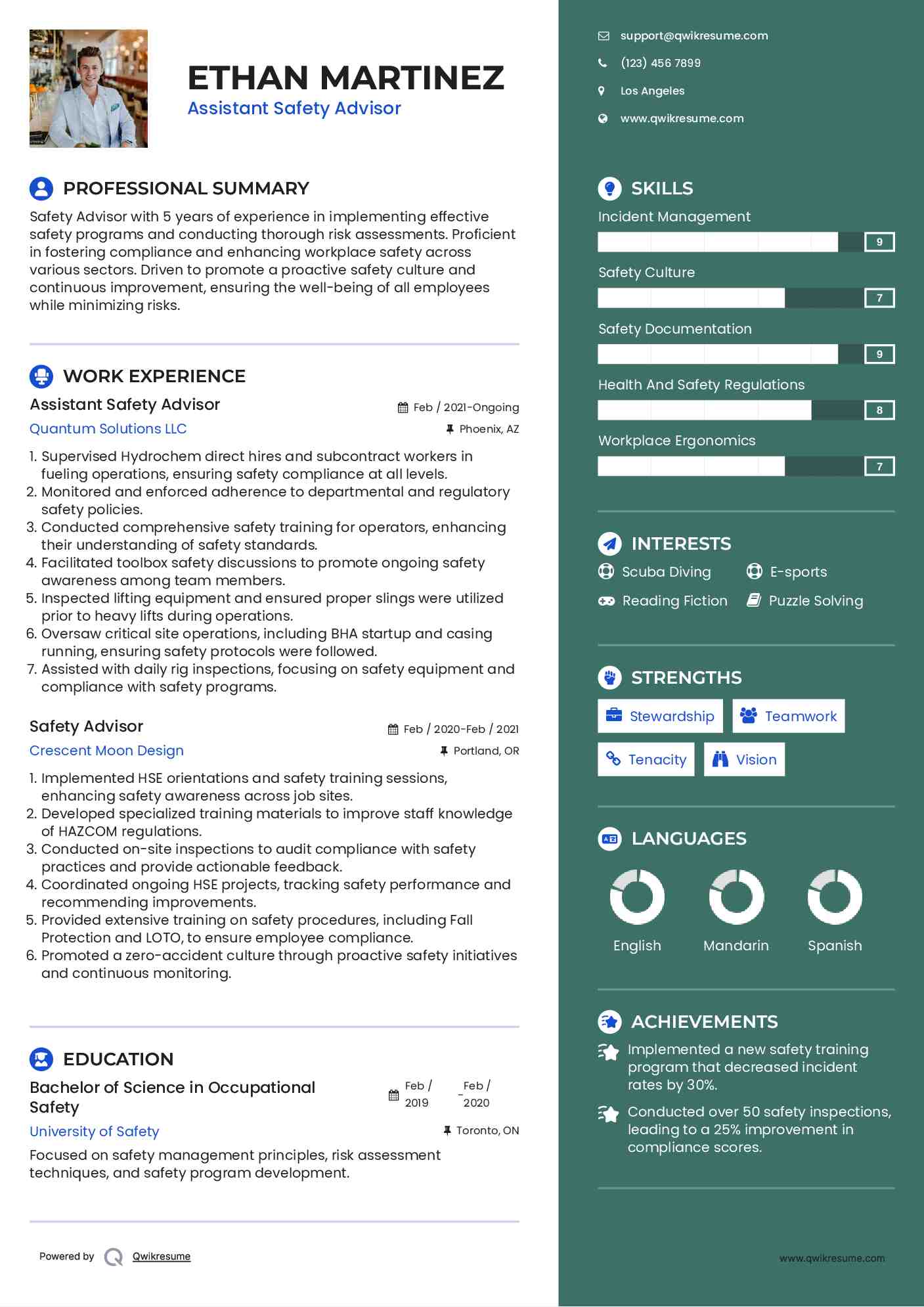 Assistant Safety Advisor Resume Sample