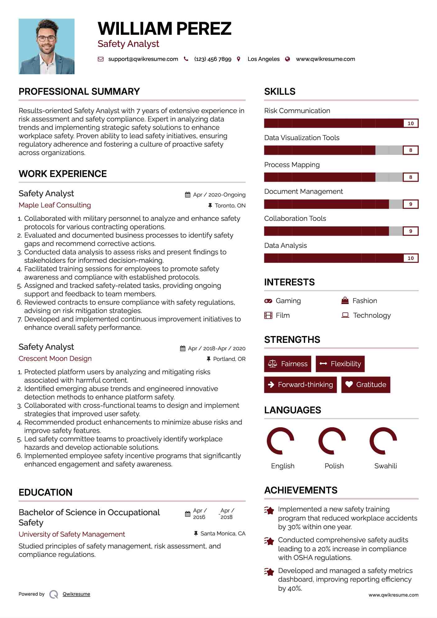 Safety Analyst Resume Sample