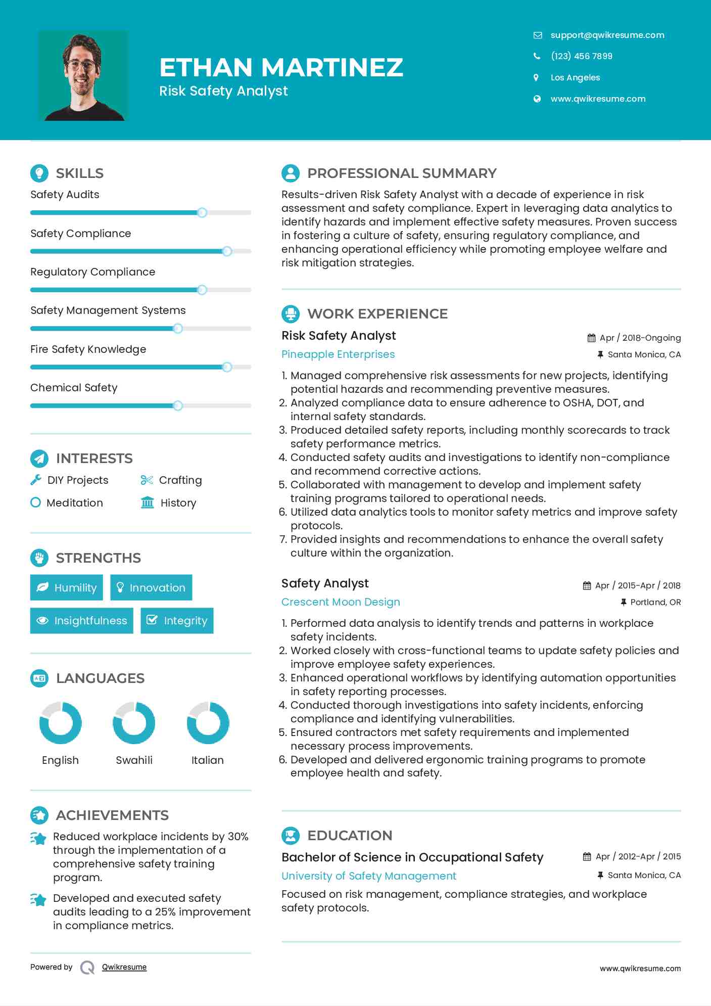 Risk Safety Analyst Resume Sample