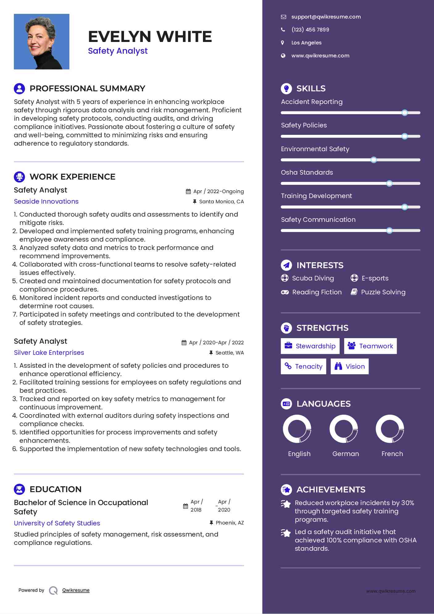 Safety Analyst Resume Sample