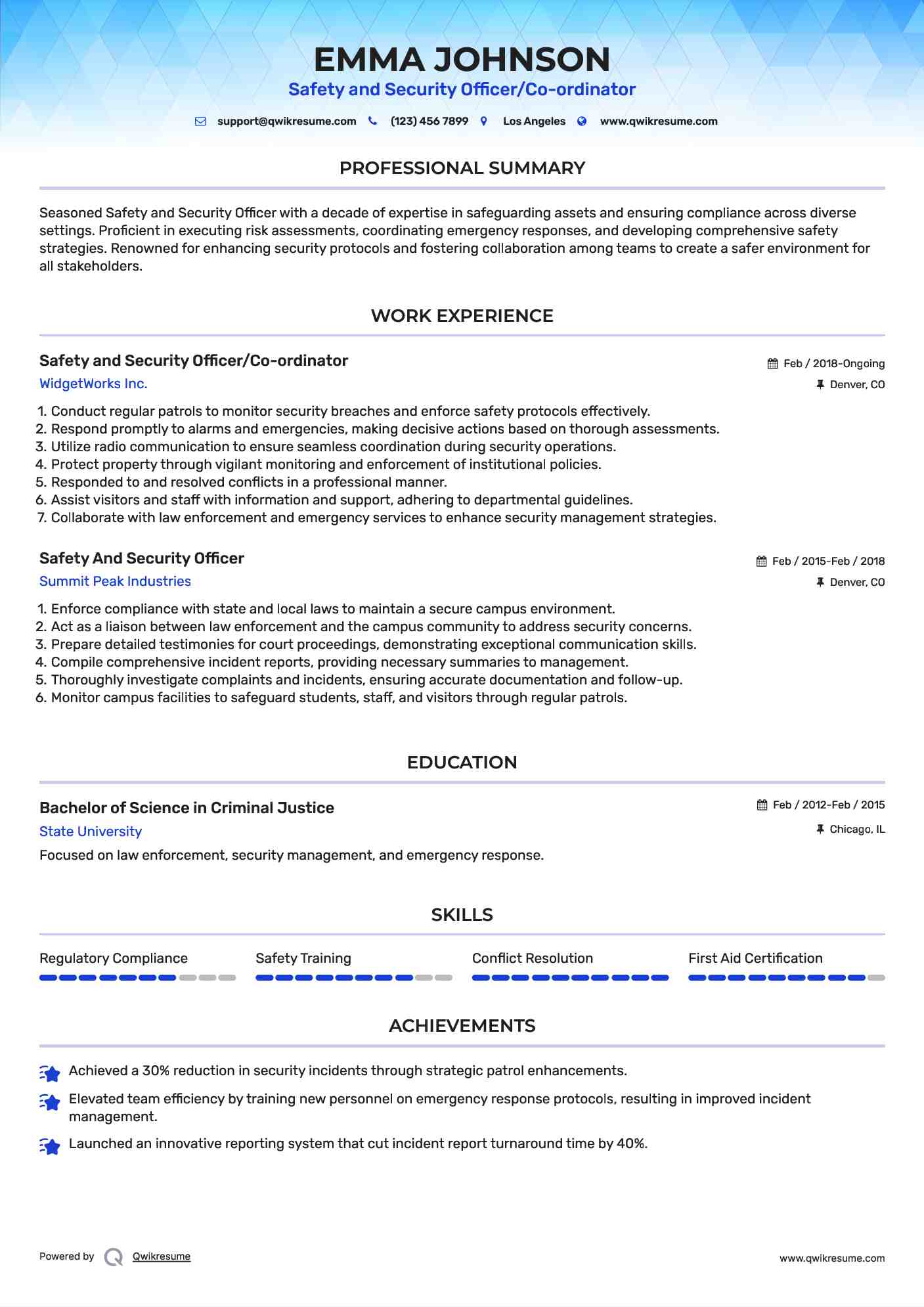 Safety and Security Officer/Co-ordinator Resume Example