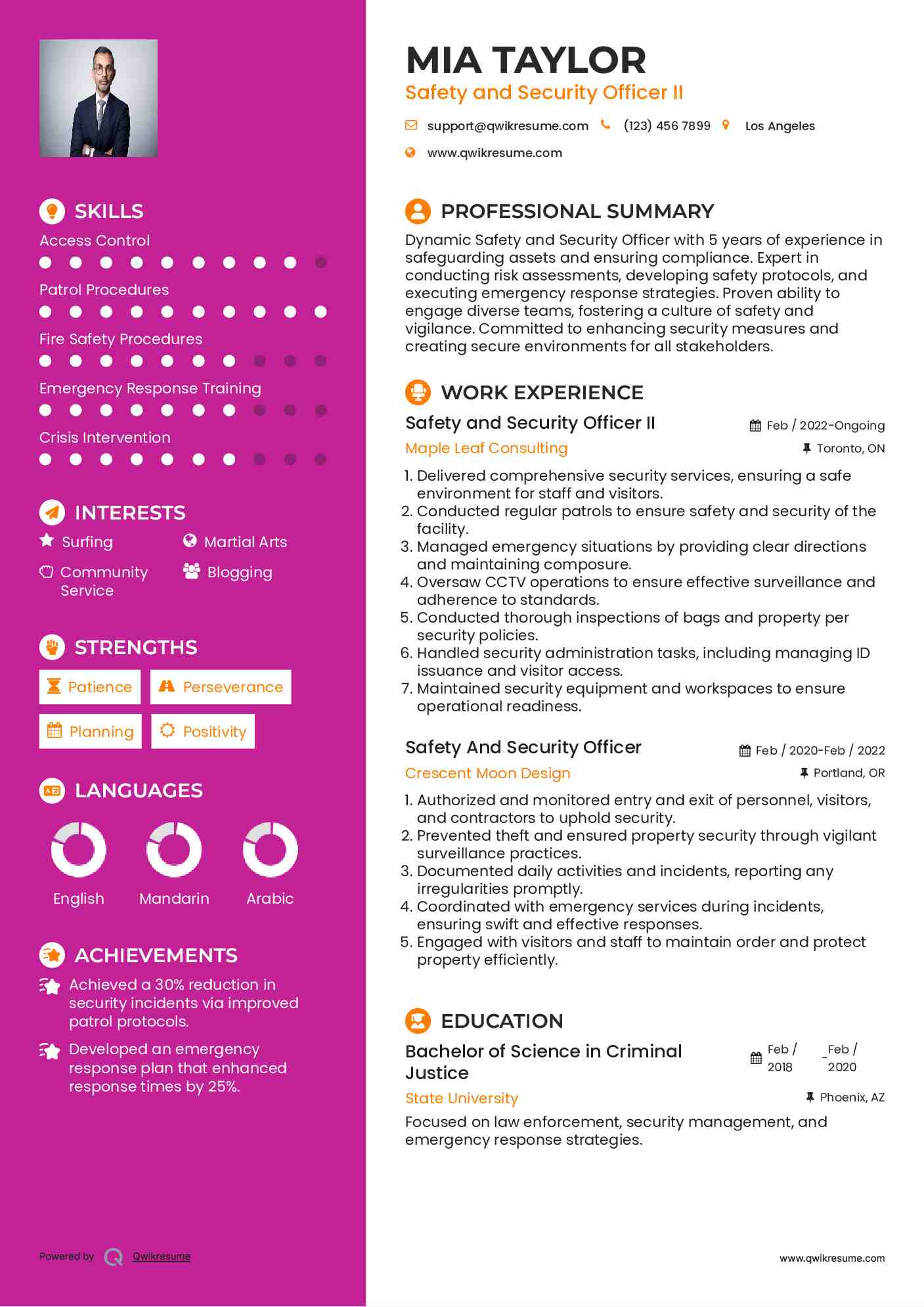 Safety and Security Officer II Resume Model
