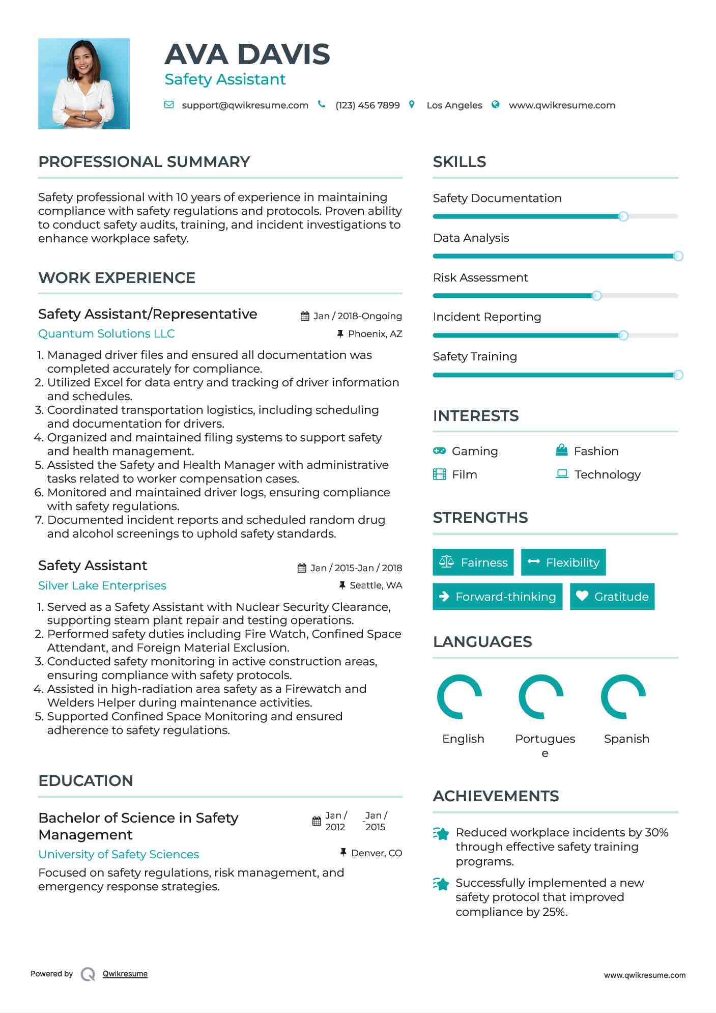 Safety Assistant/Representative Resume Template