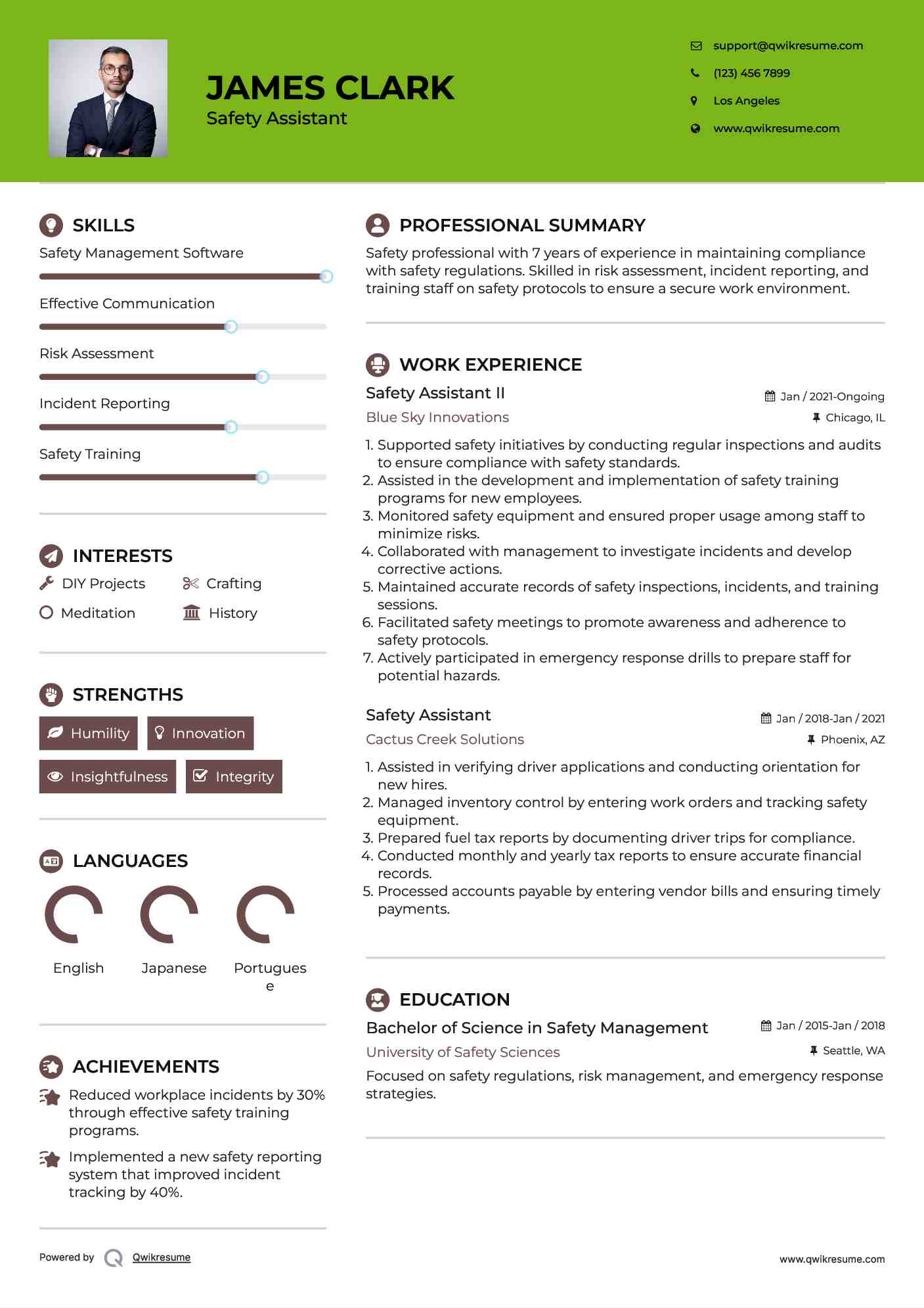 Safety Assistant II Resume Template