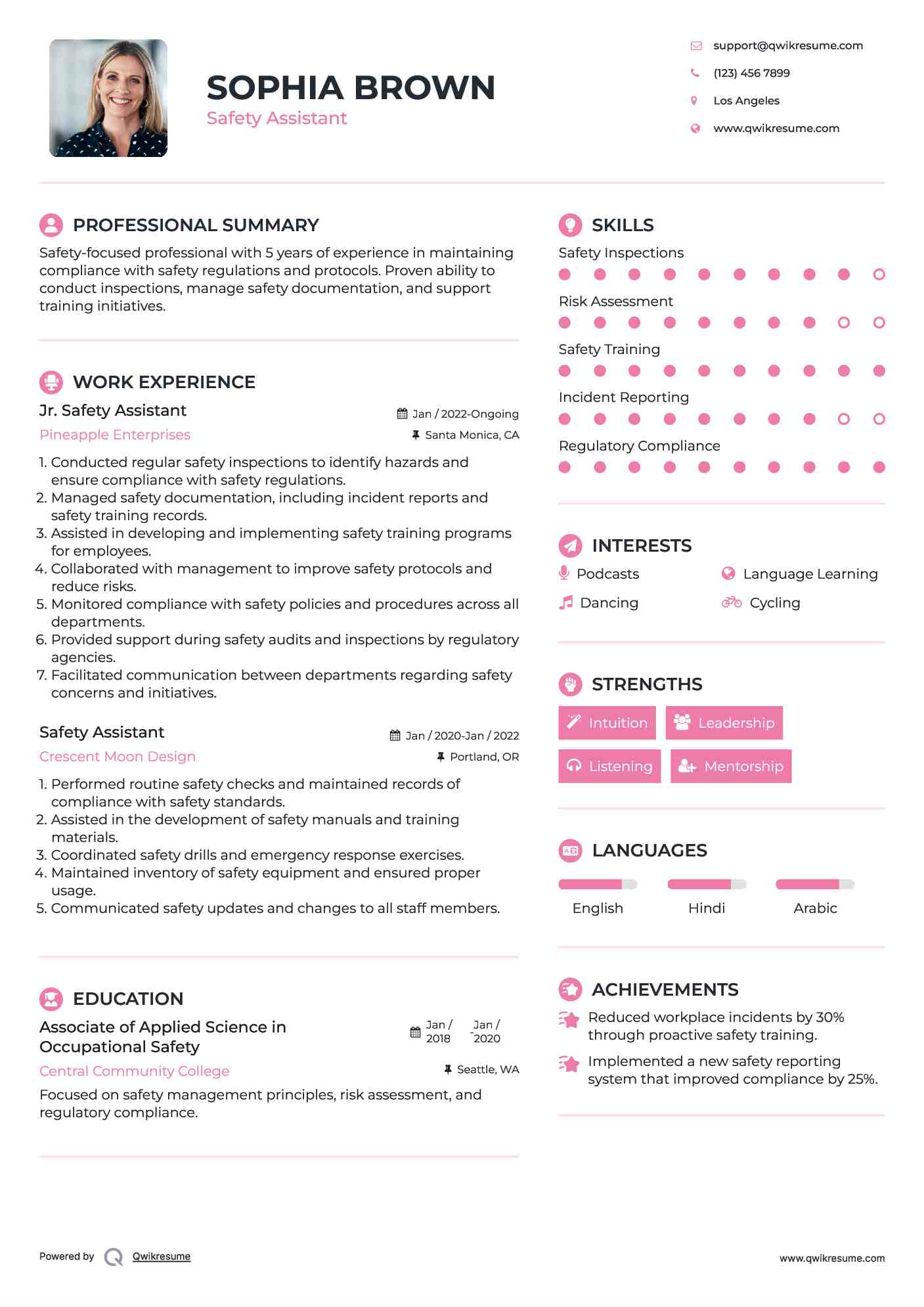 Jr. Safety Assistant Resume Sample