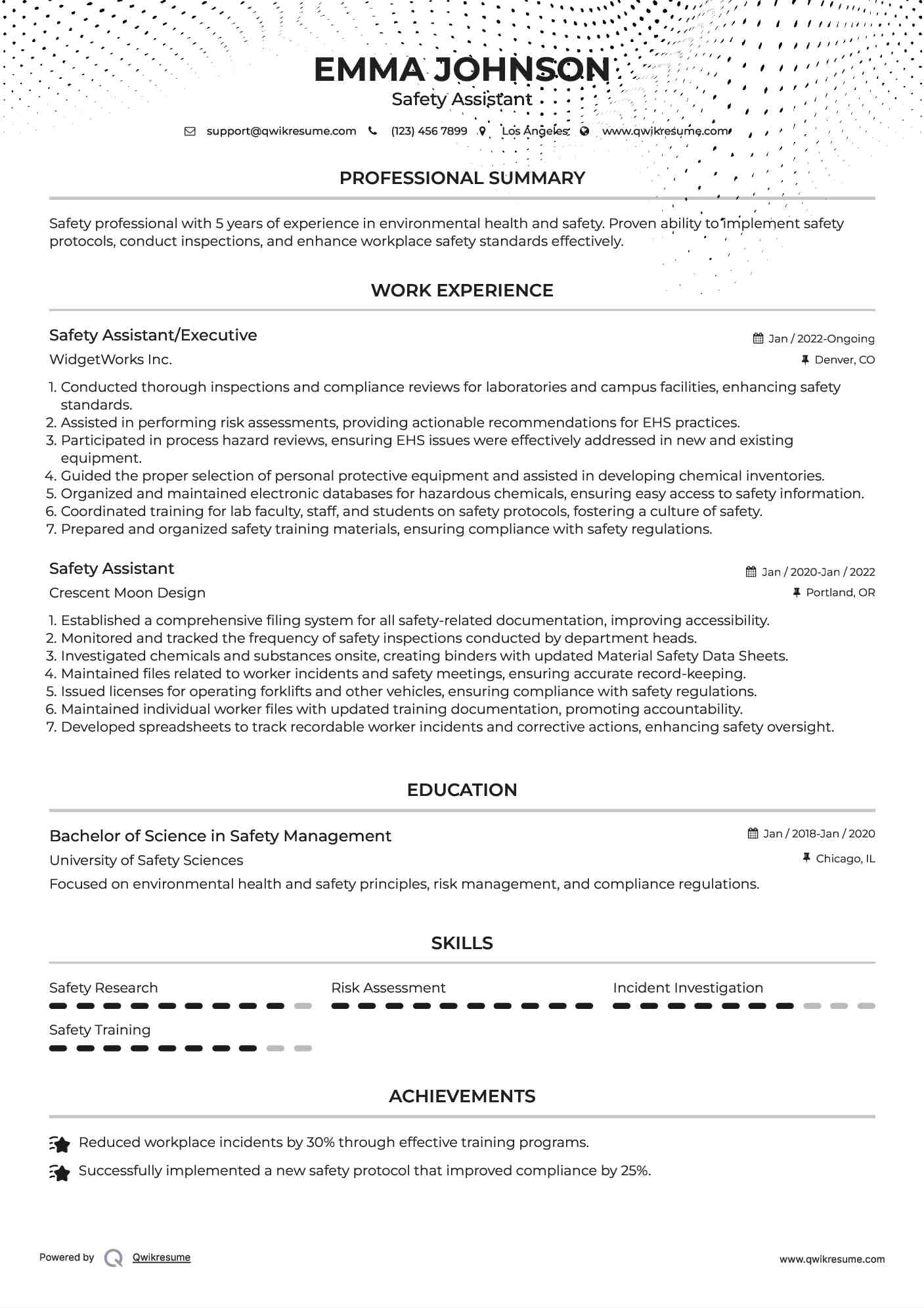 Safety Assistant/Executive Resume Model